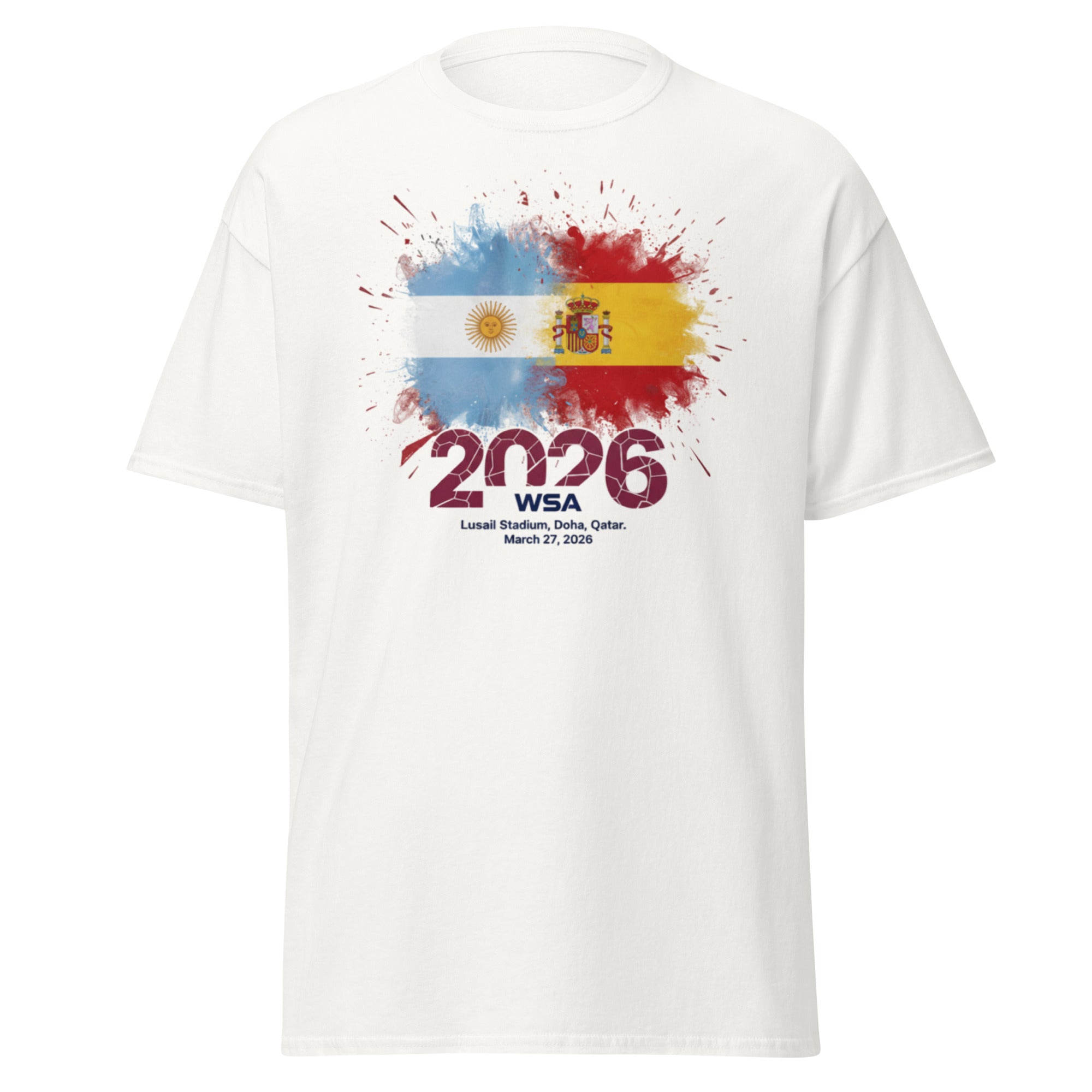 White t-shirt with colorful design and text on a white background