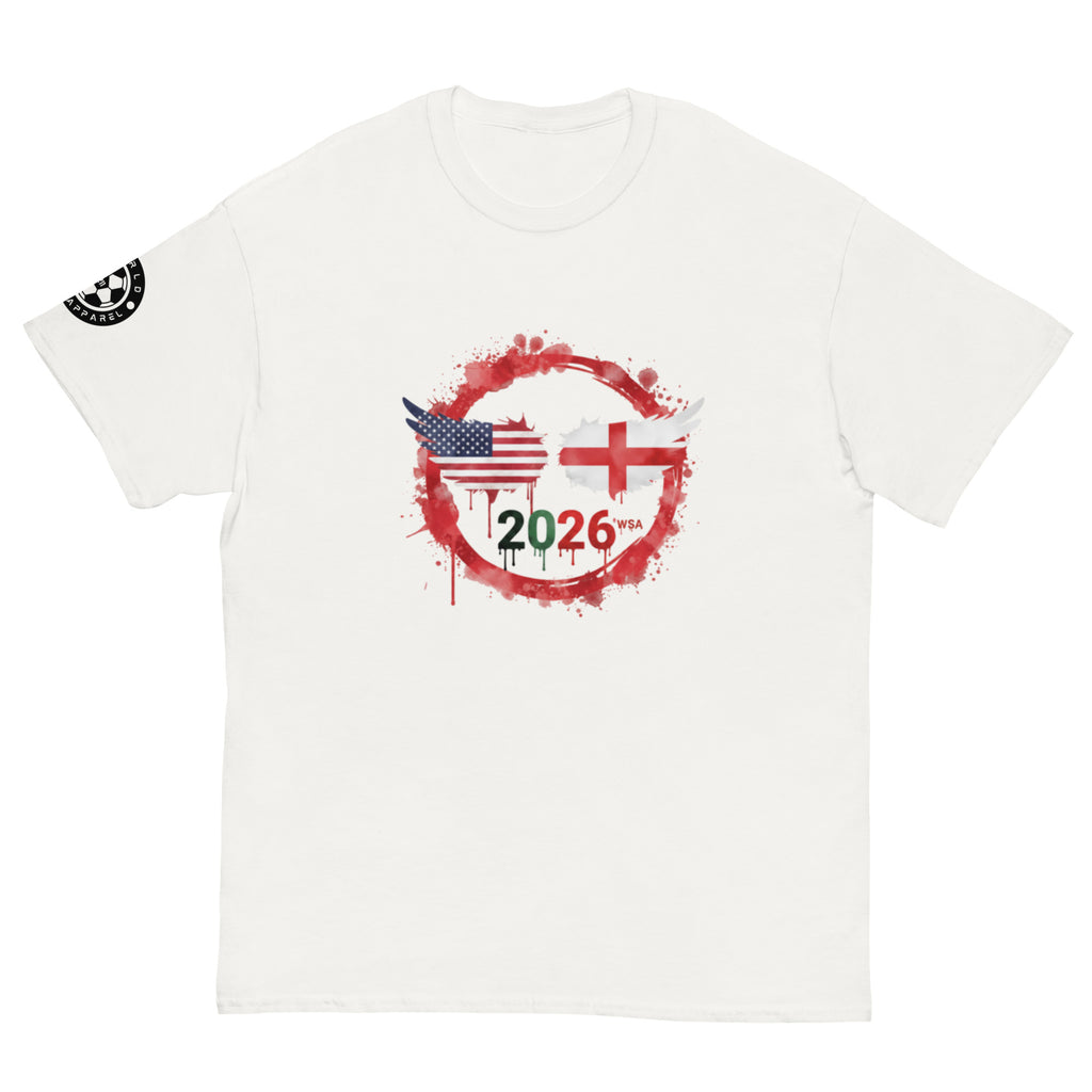 White t-shirt with 2026 design featuring American and English flags on a white background