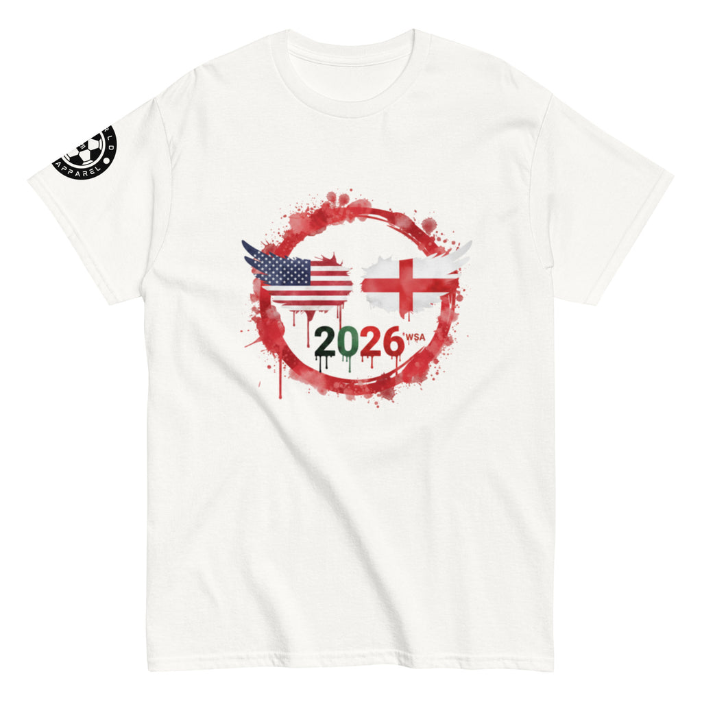 White t-shirt with 2026 FIFA World Cup graphic design on a white background