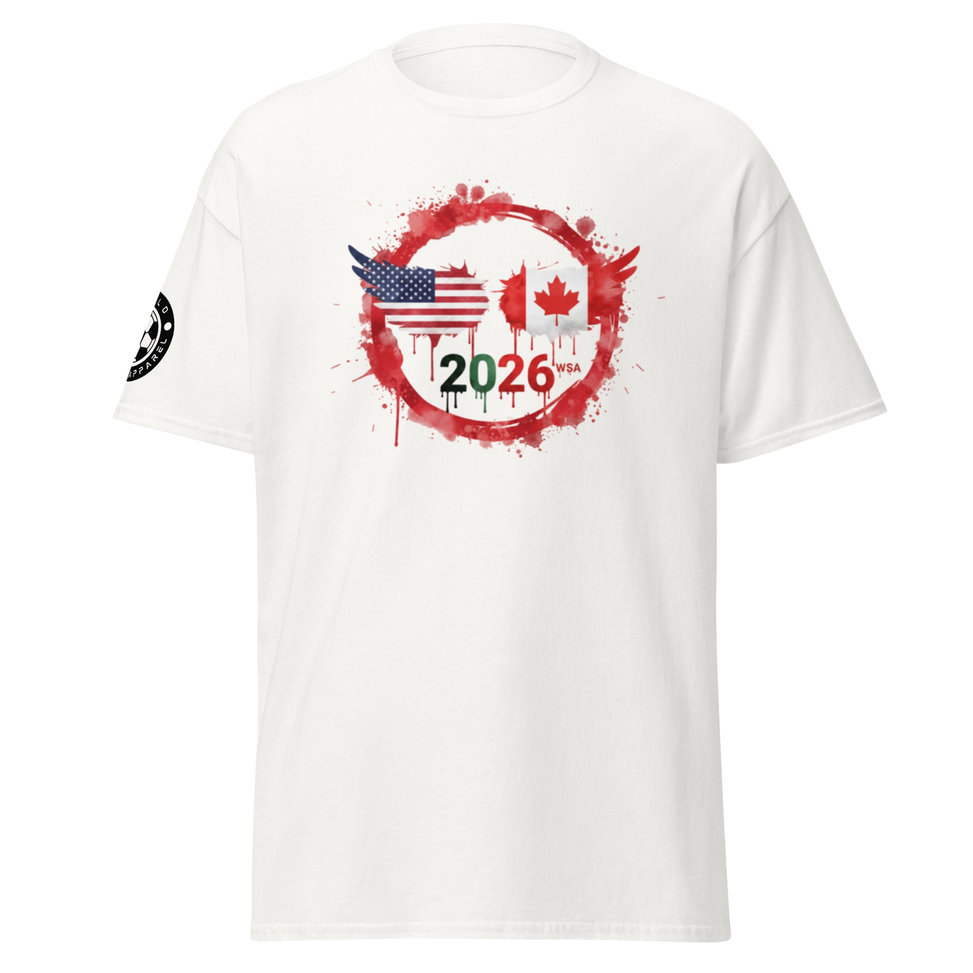 White t-shirt with a graphic design featuring the American and Canadian flags and the year 2026 on a white background.