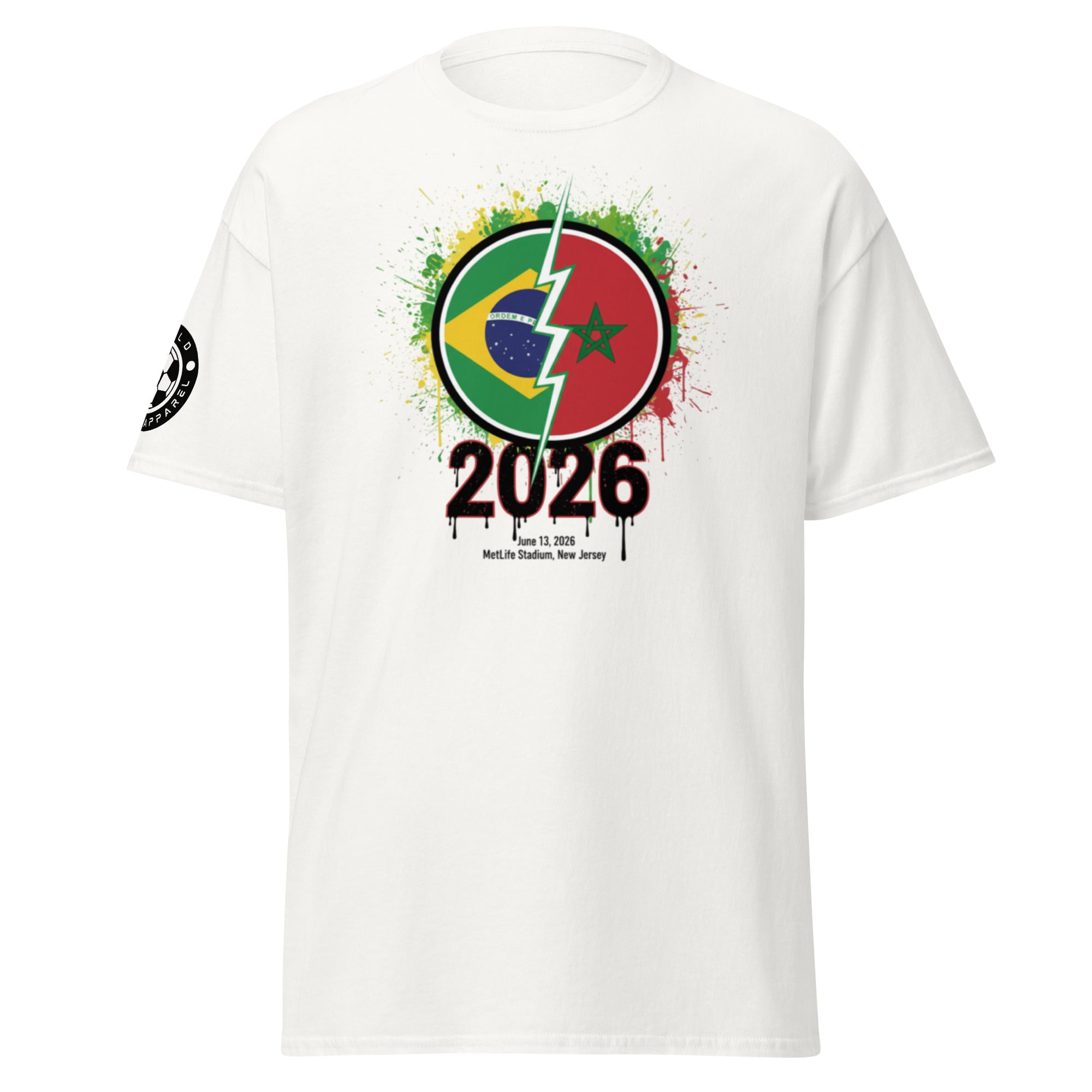 White t-shirt with a colorful graphic design featuring numbers '2026' and two flags on a white background.