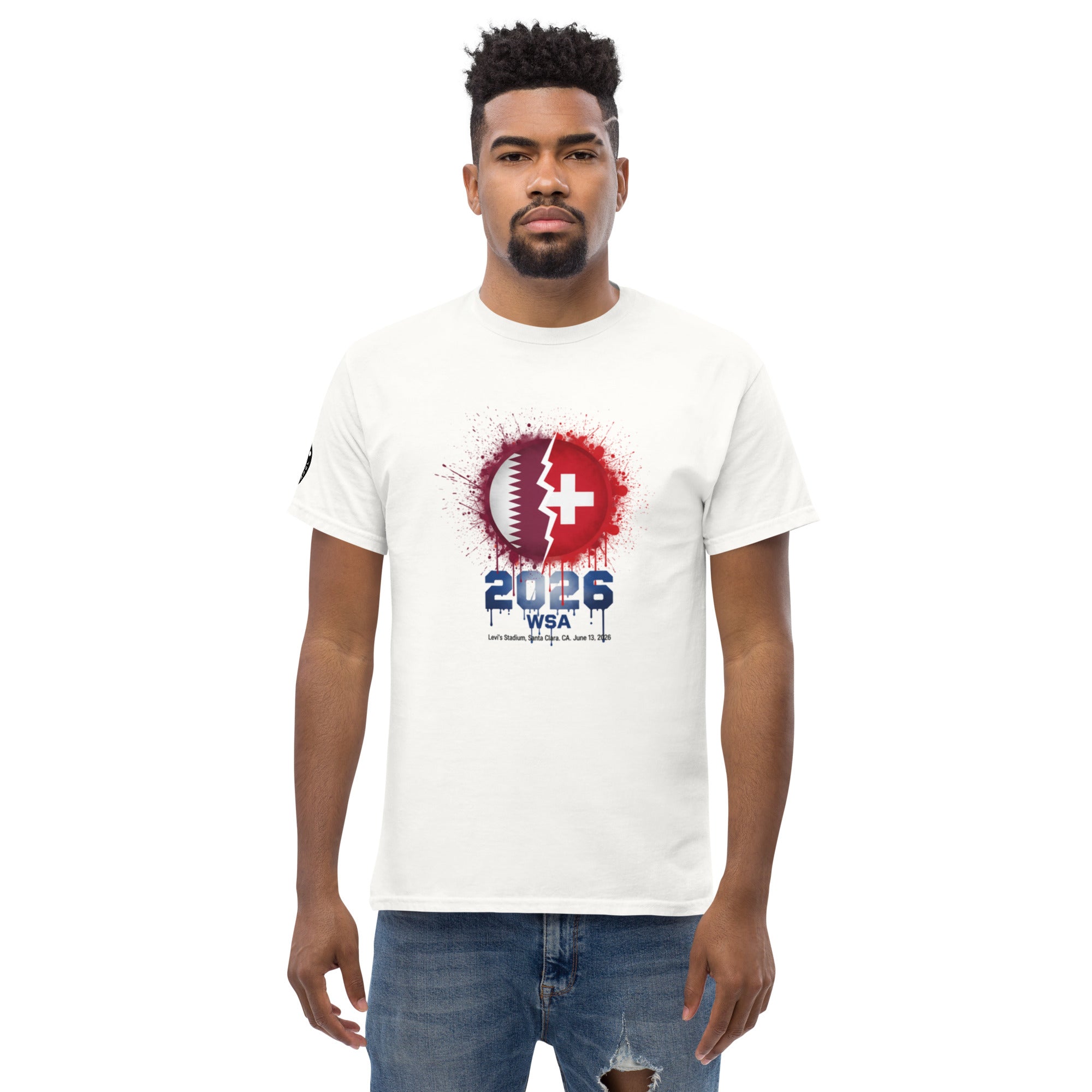 Man wearing a white t-shirt with a graphic design on a white background