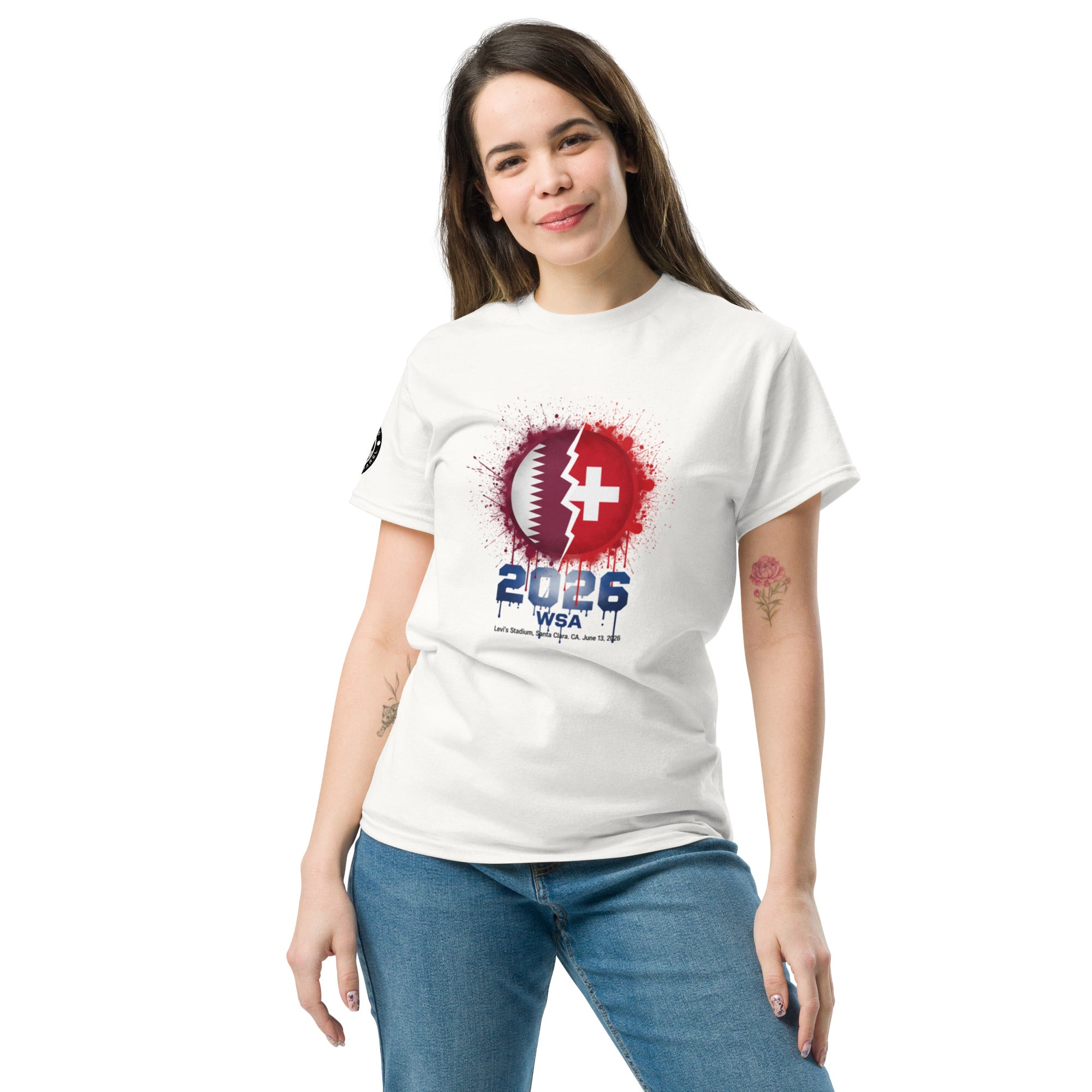 Woman wearing a white t-shirt with a graphic design on a white background