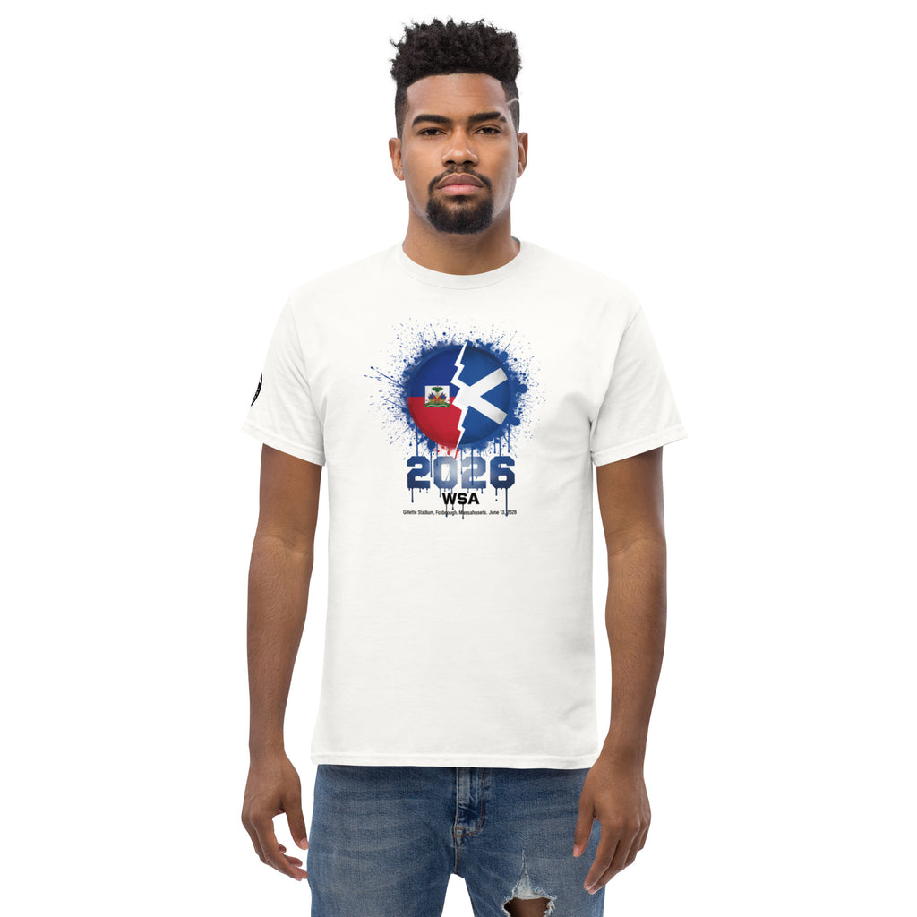 Man wearing a white t-shirt with a graphic design and text on a white background