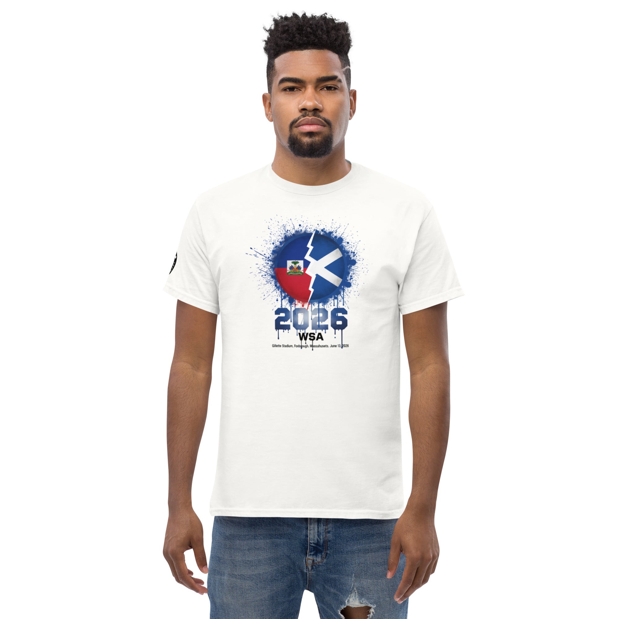 Man wearing a white t-shirt with a graphic design and text on a white background