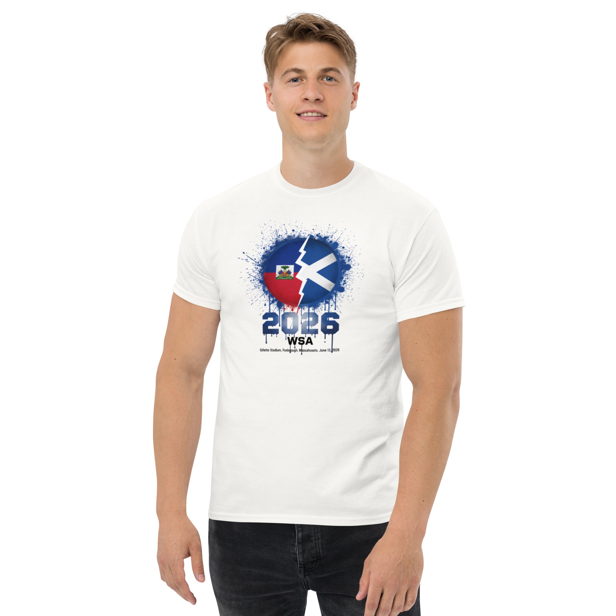 Person wearing a white t-shirt with a graphic design on a white background