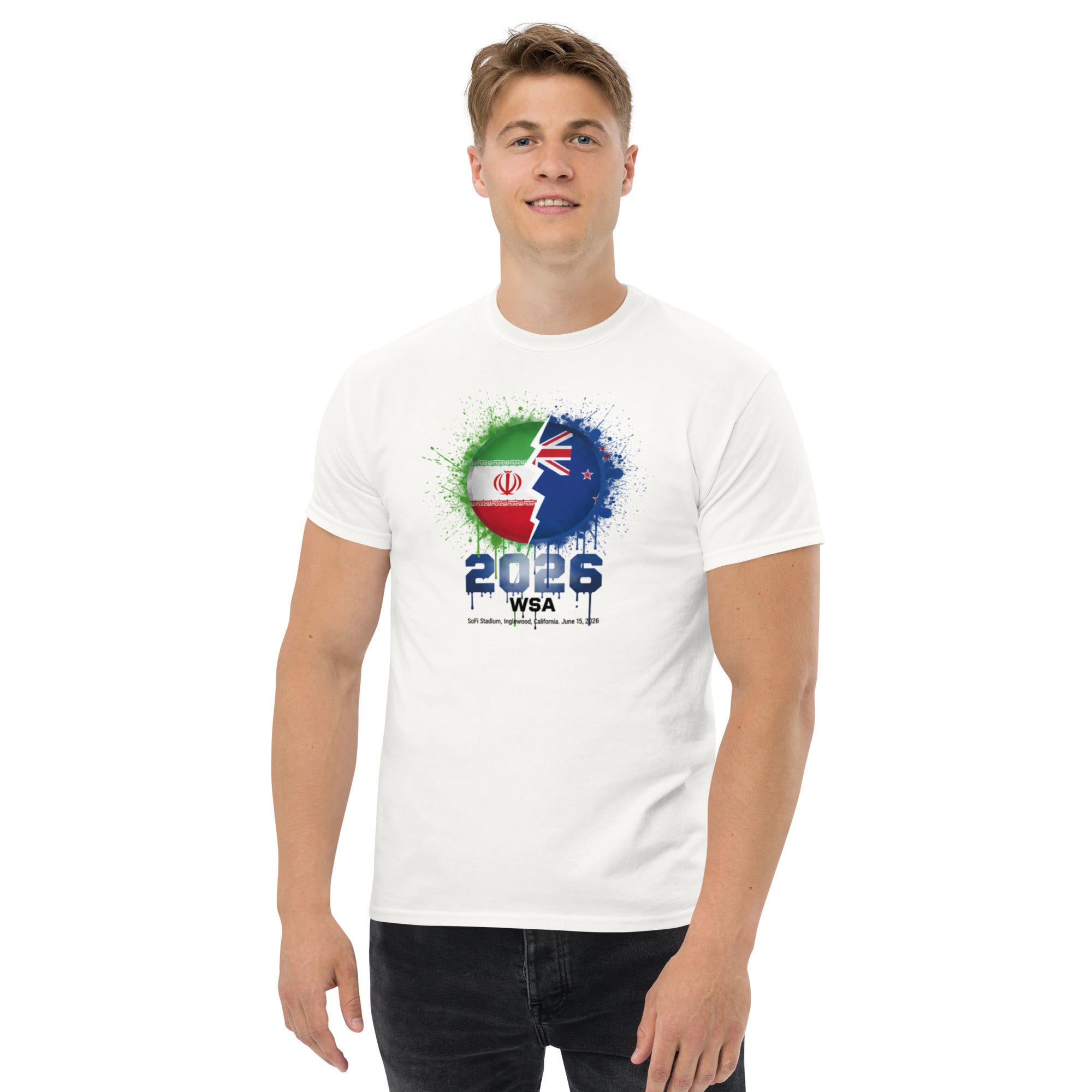 Person wearing a white t-shirt with a design featuring the number 2026 and text on a white background