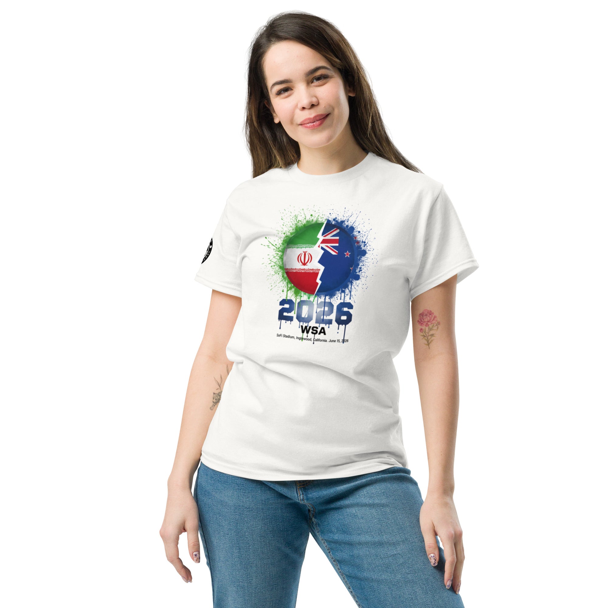 Woman wearing a white t-shirt with a colorful design and text on a white background