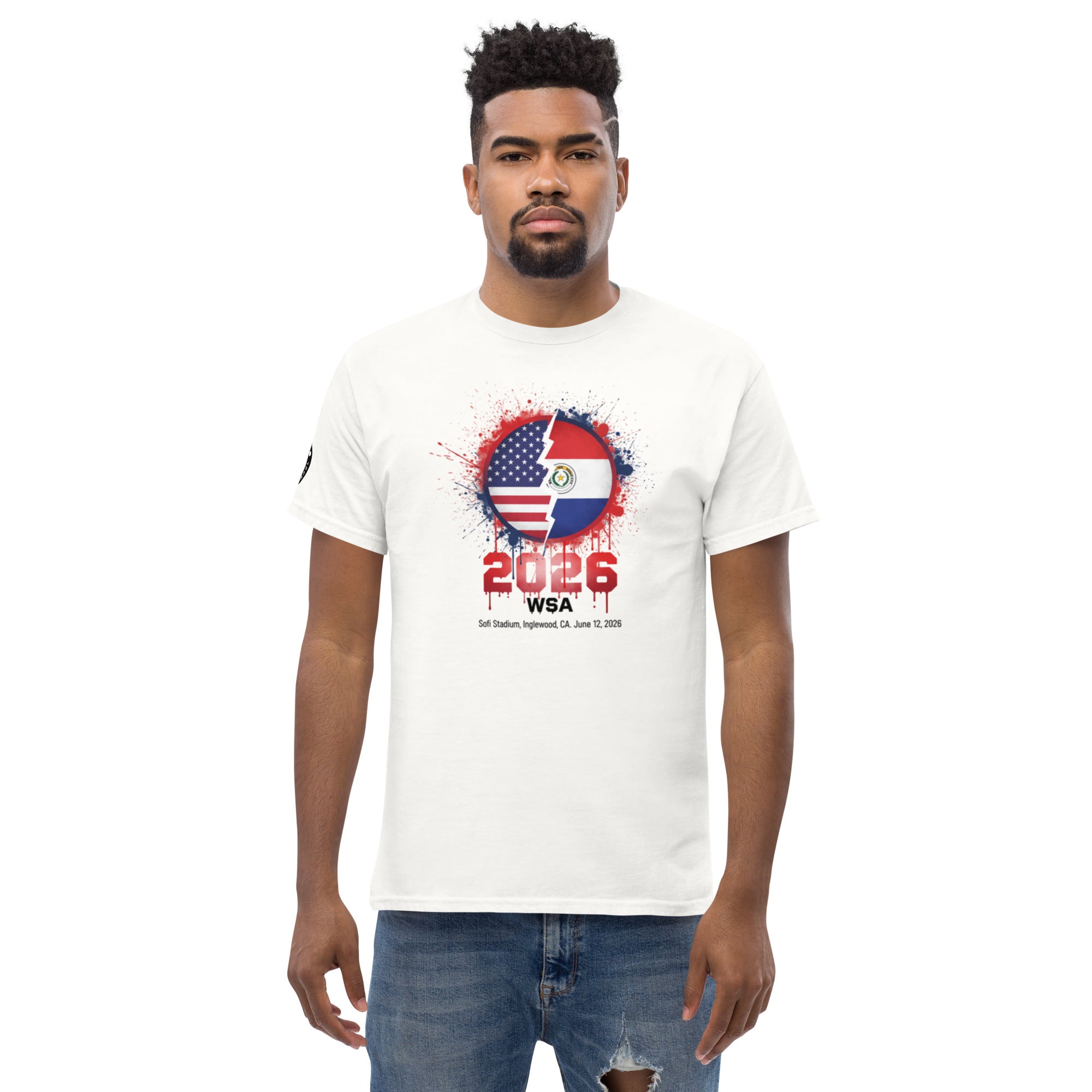 Man wearing a white t-shirt with a colorful graphic design on a white background