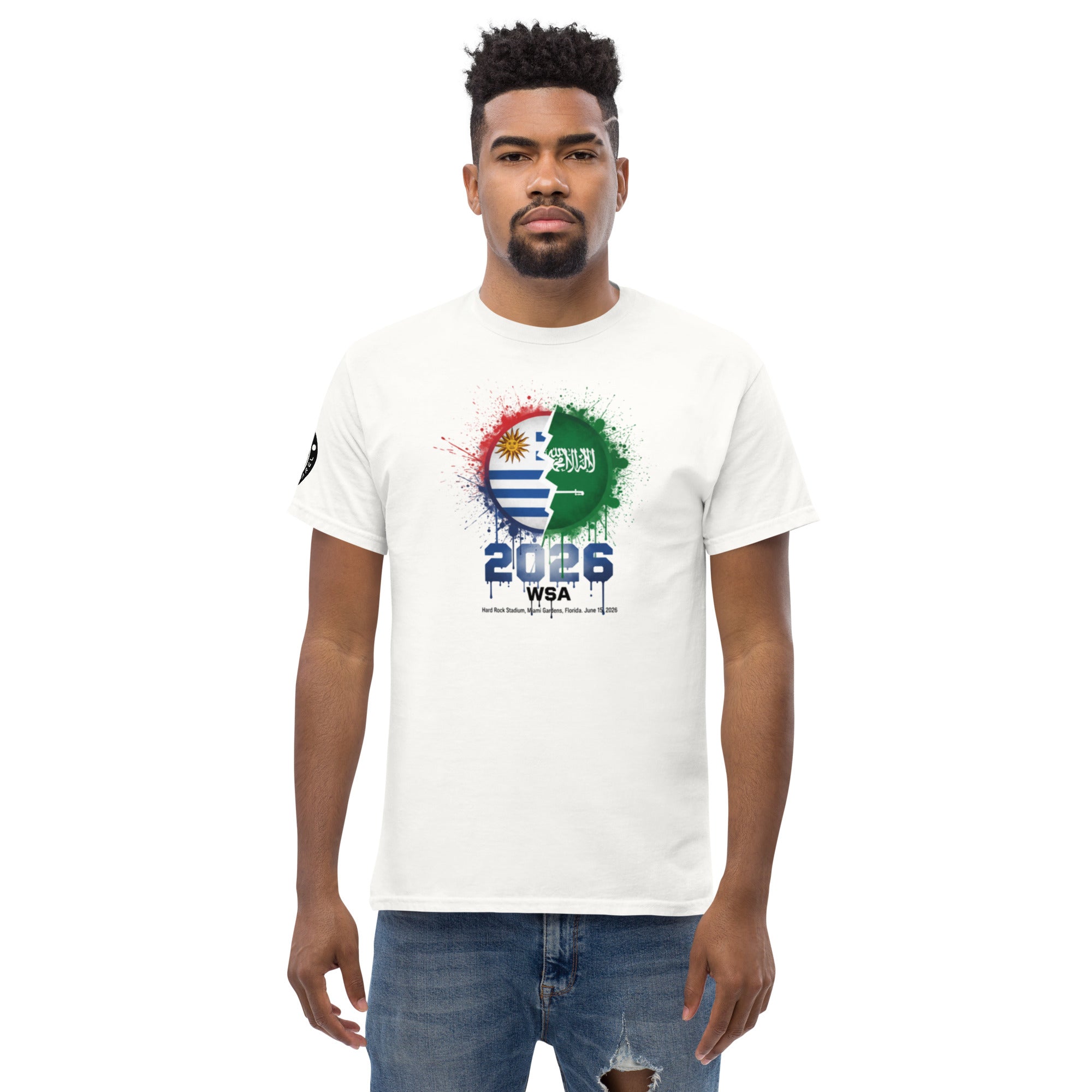 Man wearing a white t-shirt with a colorful design and text on a white background