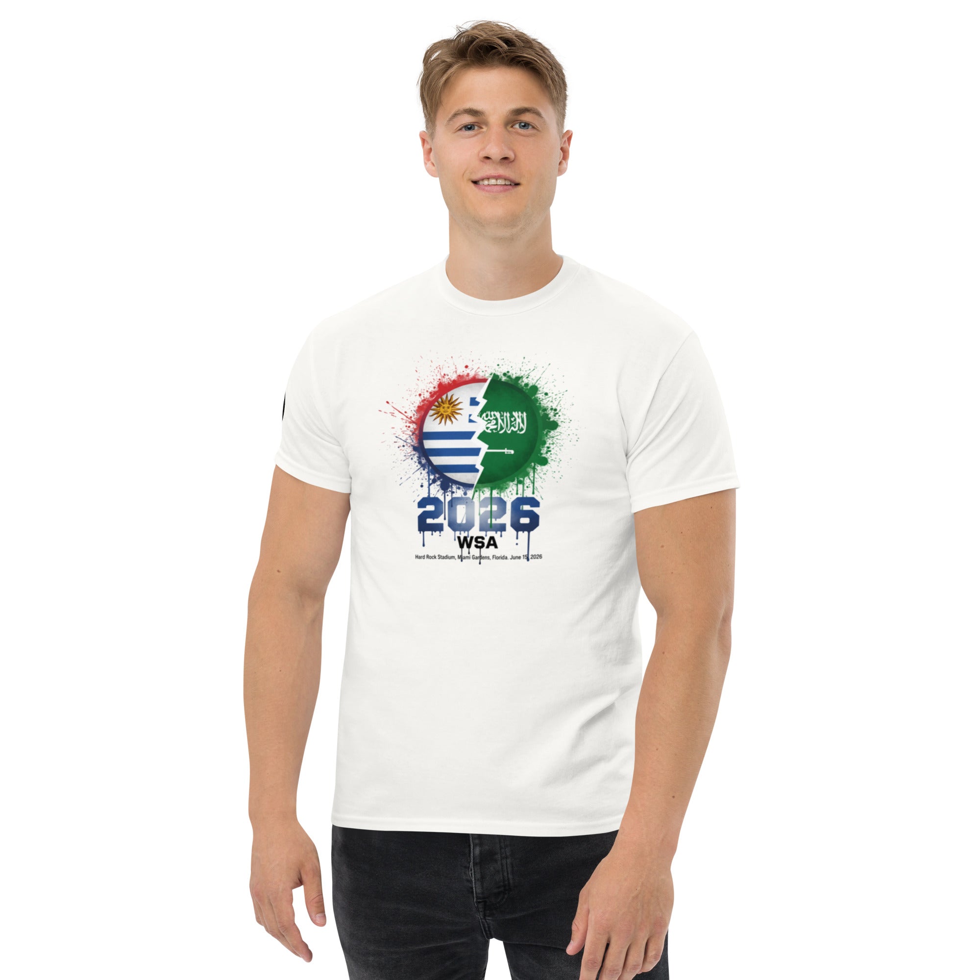 Person wearing a white t-shirt with a colorful design and text on a white background