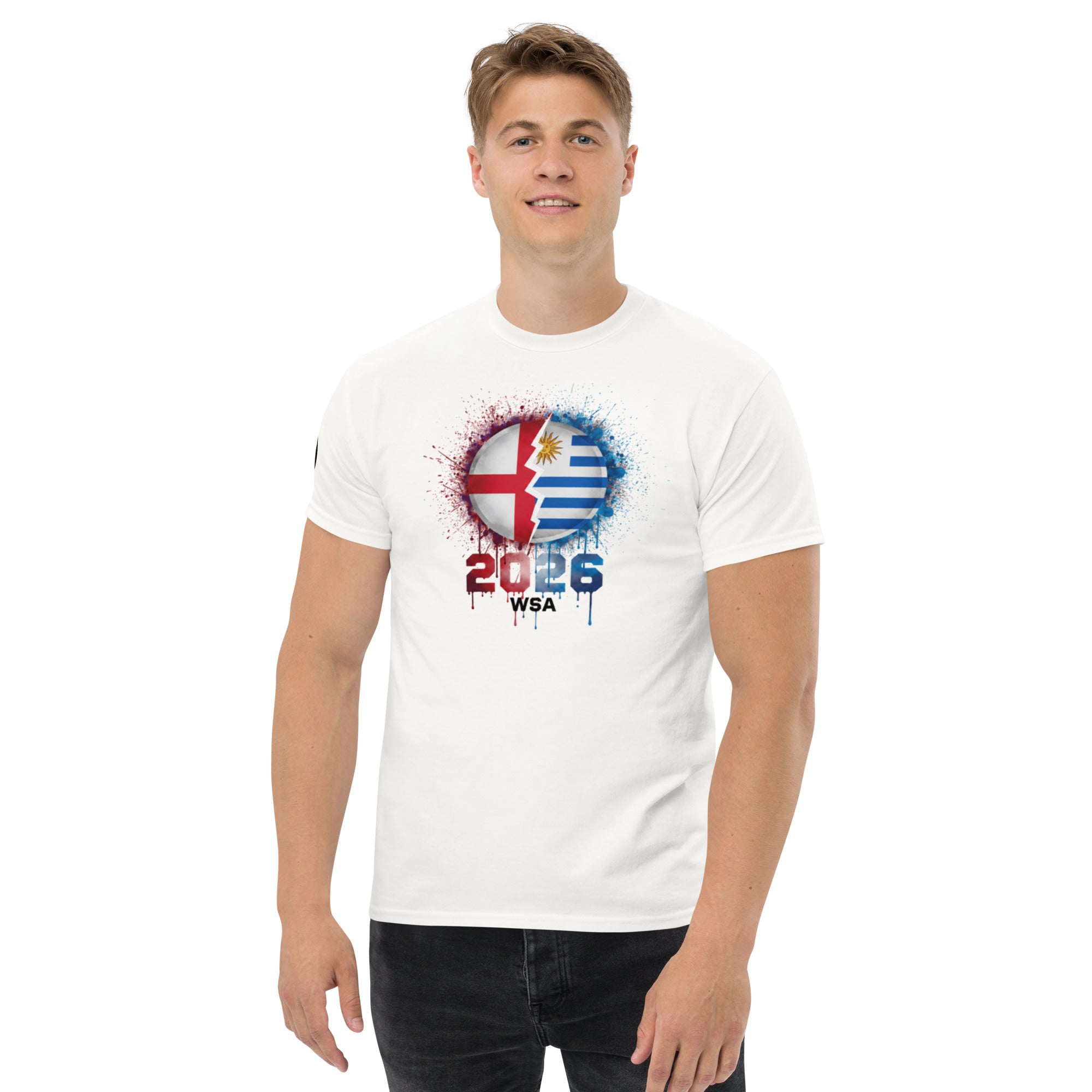 Person wearing a white t-shirt with a colorful design and text on a white background