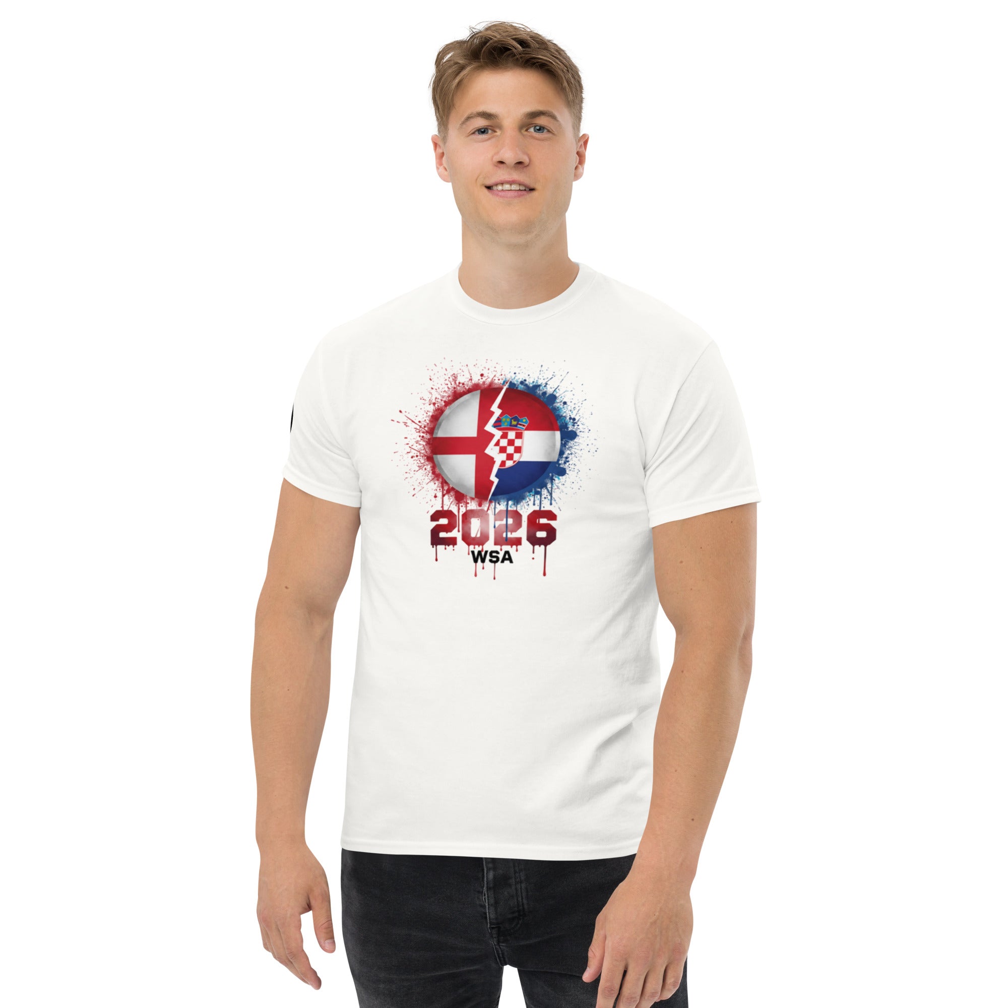 Man wearing a white t-shirt with a graphic design and text on a white background