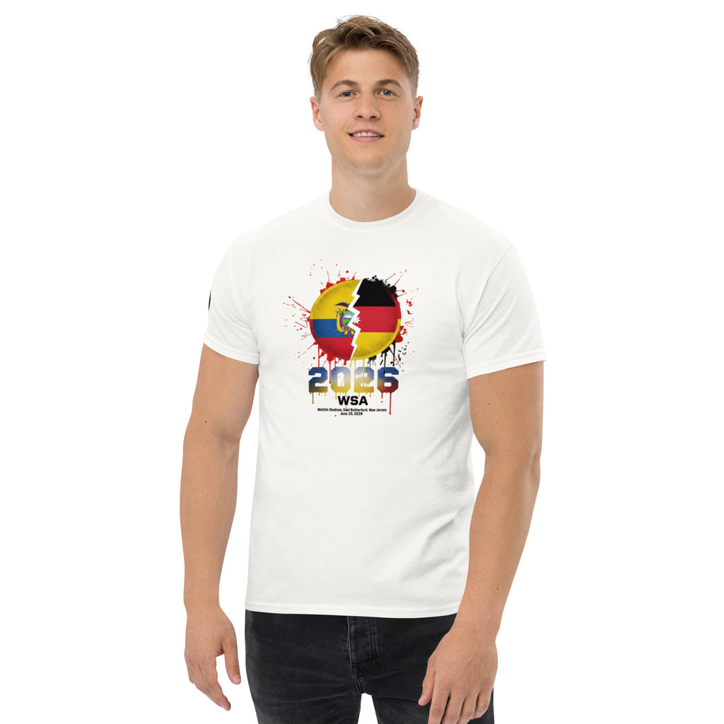Person wearing a white t-shirt with a colorful design and text on a white background