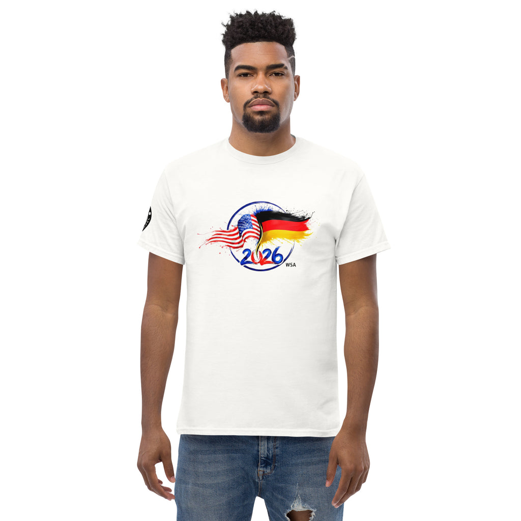 Man wearing a white t-shirt with a colorful design and '2026' text on a white background