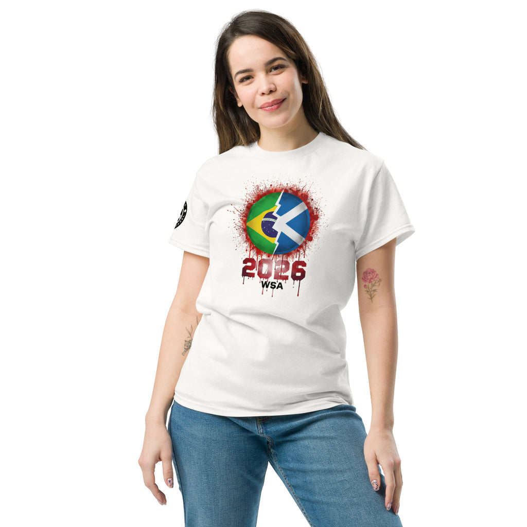 Woman wearing a white t-shirt with a design featuring the Brazilian flag and the number 2026 on a white background.