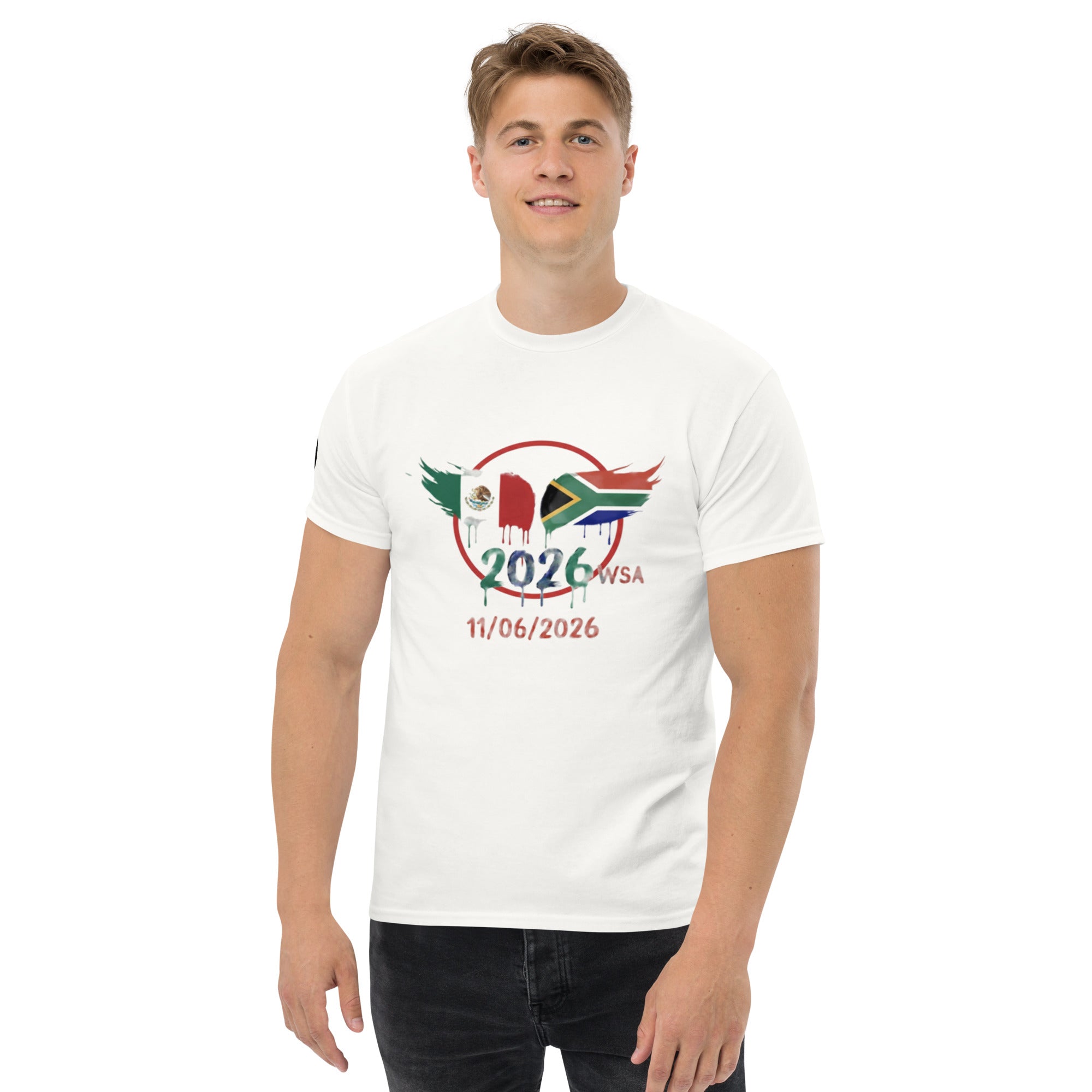 Person wearing a white t-shirt with a graphic design on a white background