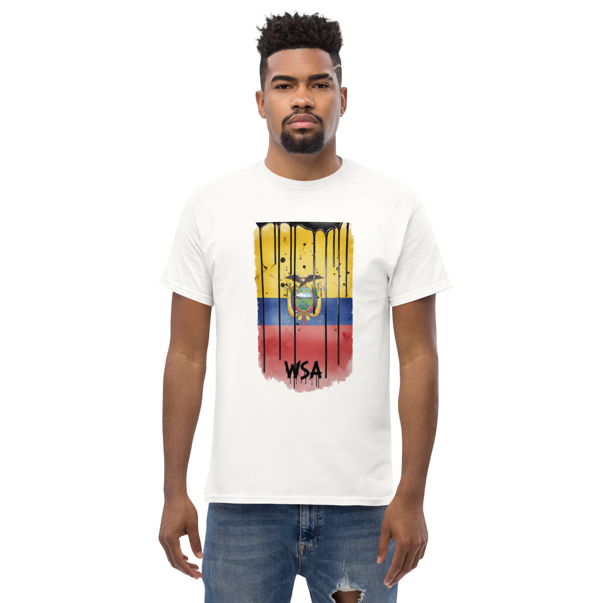 Man wearing a white t-shirt with a colorful graphic design on a white background