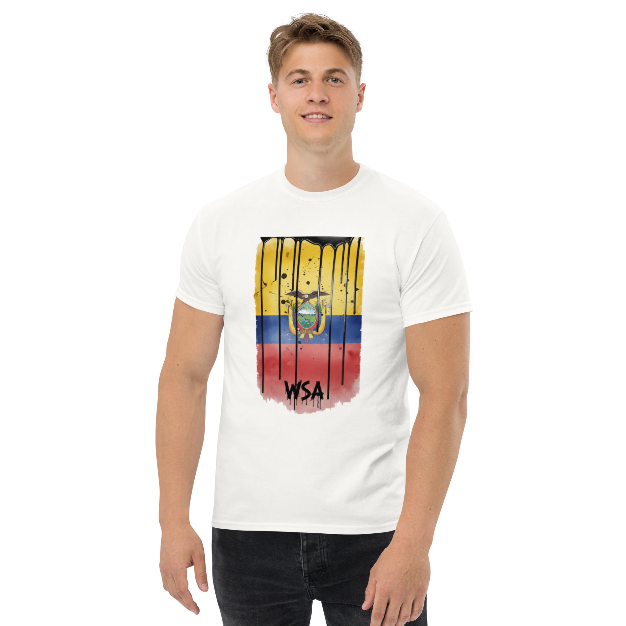 Person wearing a white t-shirt with a colorful graphic design on a white background