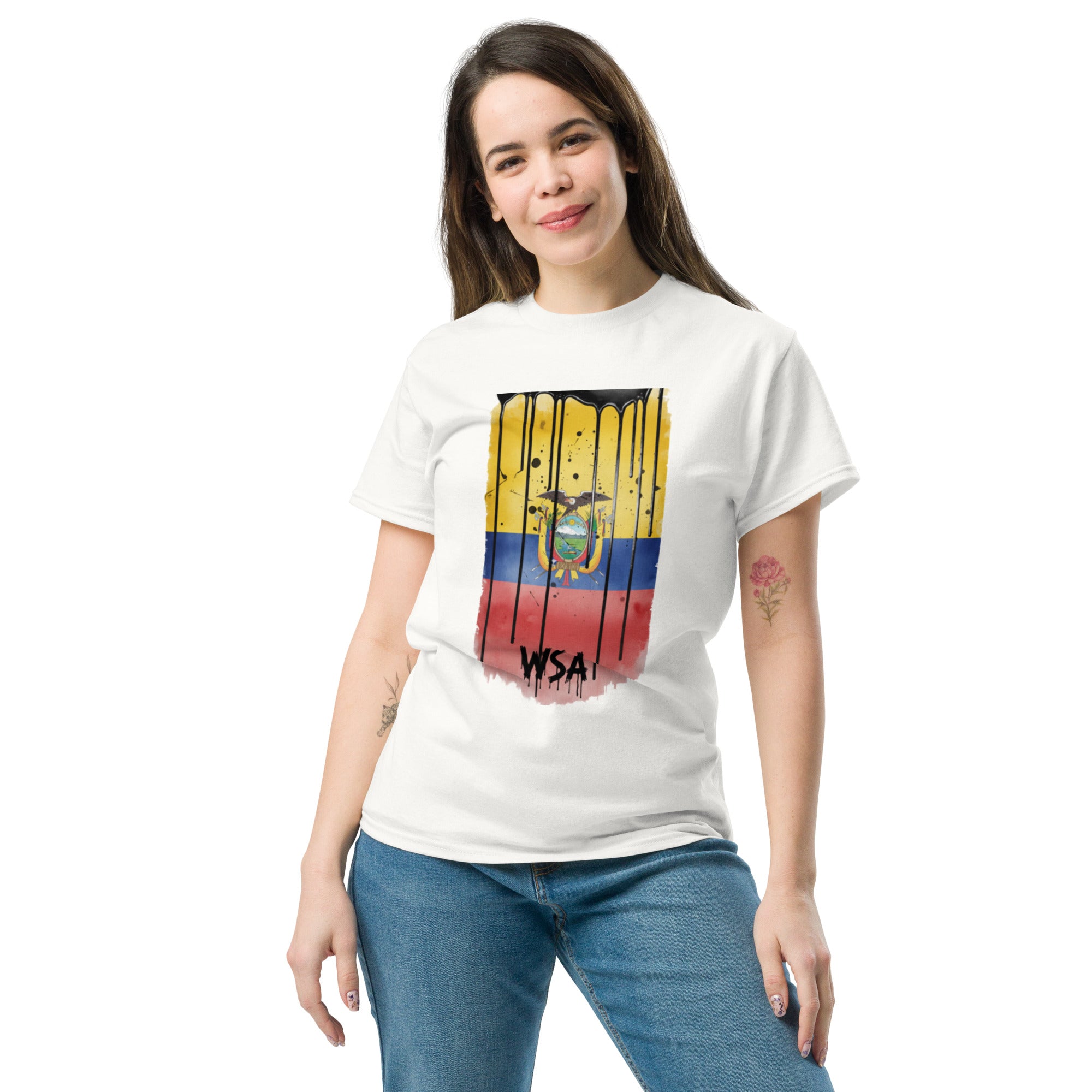 Woman wearing a white t-shirt with a colorful graphic design on a white background