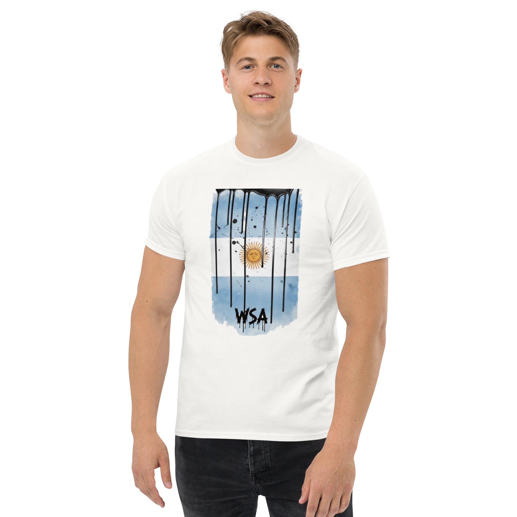 Person wearing a white t-shirt with a graphic design on a white background