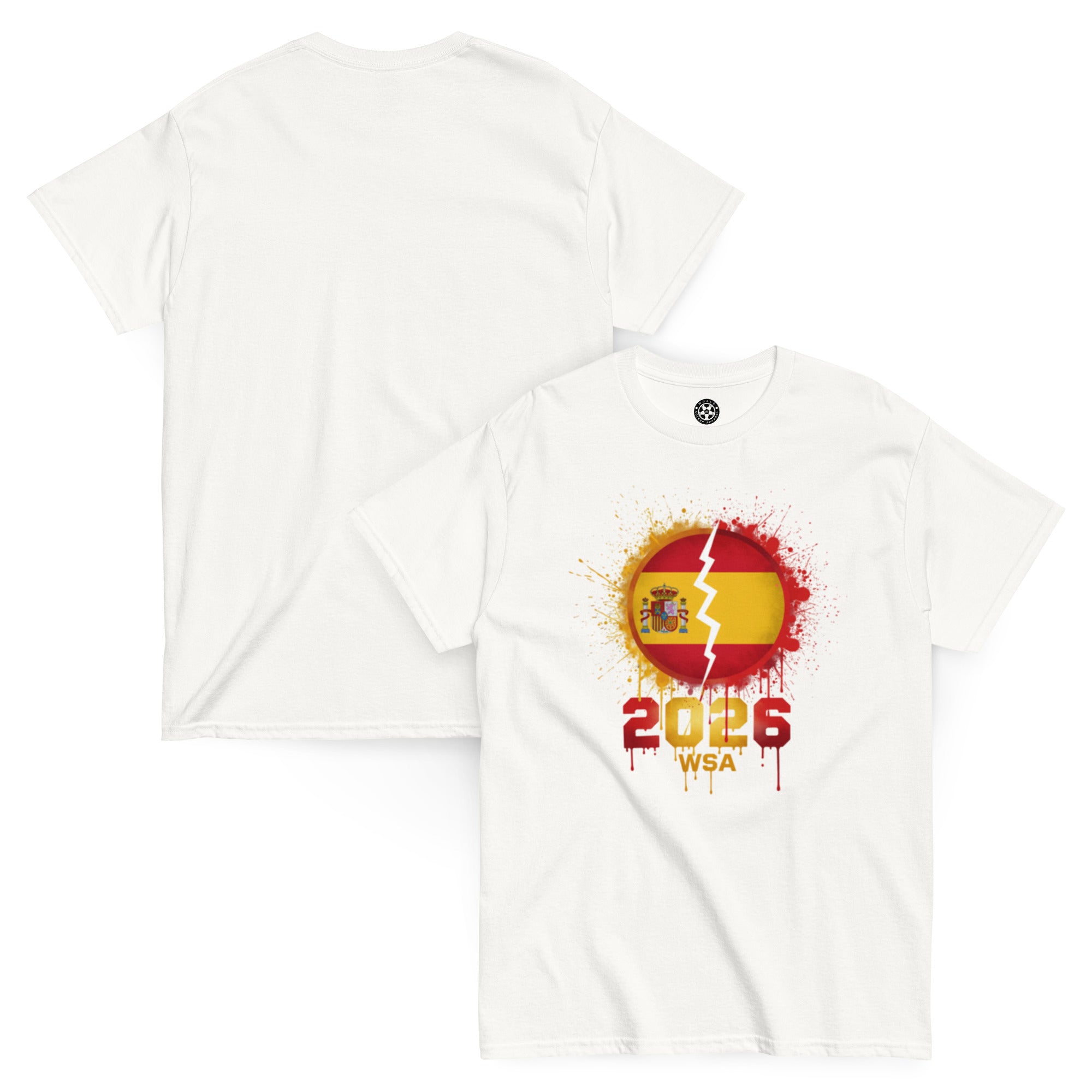 White t-shirt with a graphic design featuring a flag and '2026 WSA' text on a white background