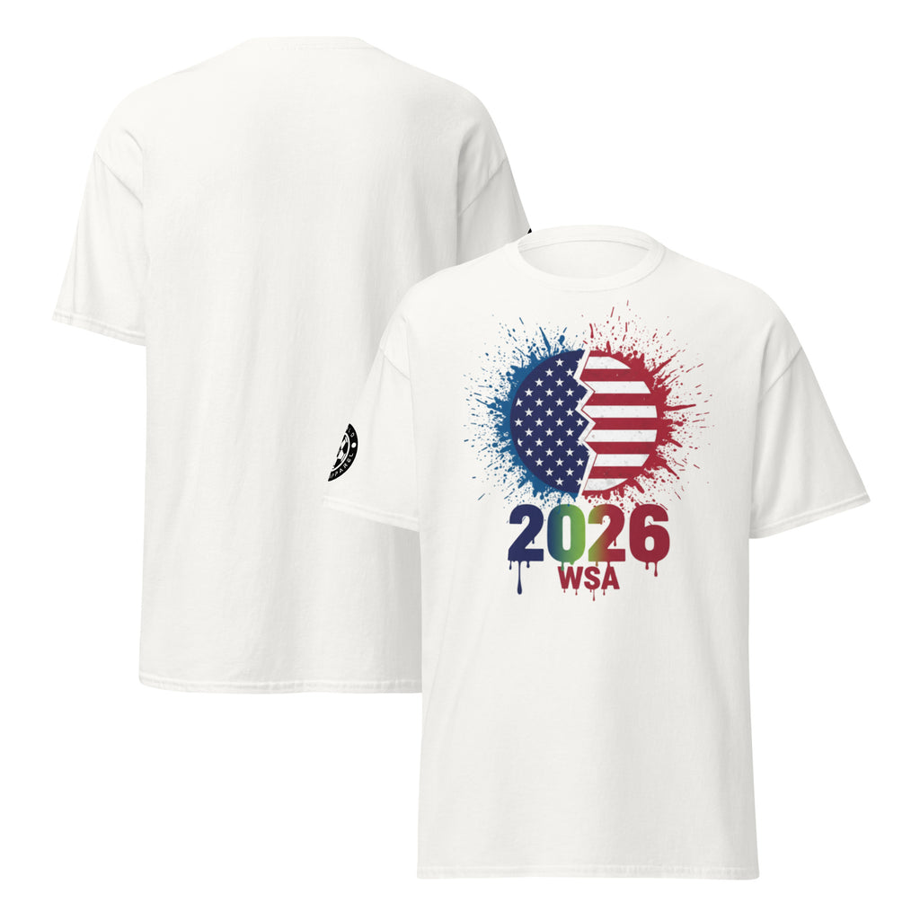 White t-shirt with colorful design featuring '2026 WSA' text and abstract shapes on a white background.