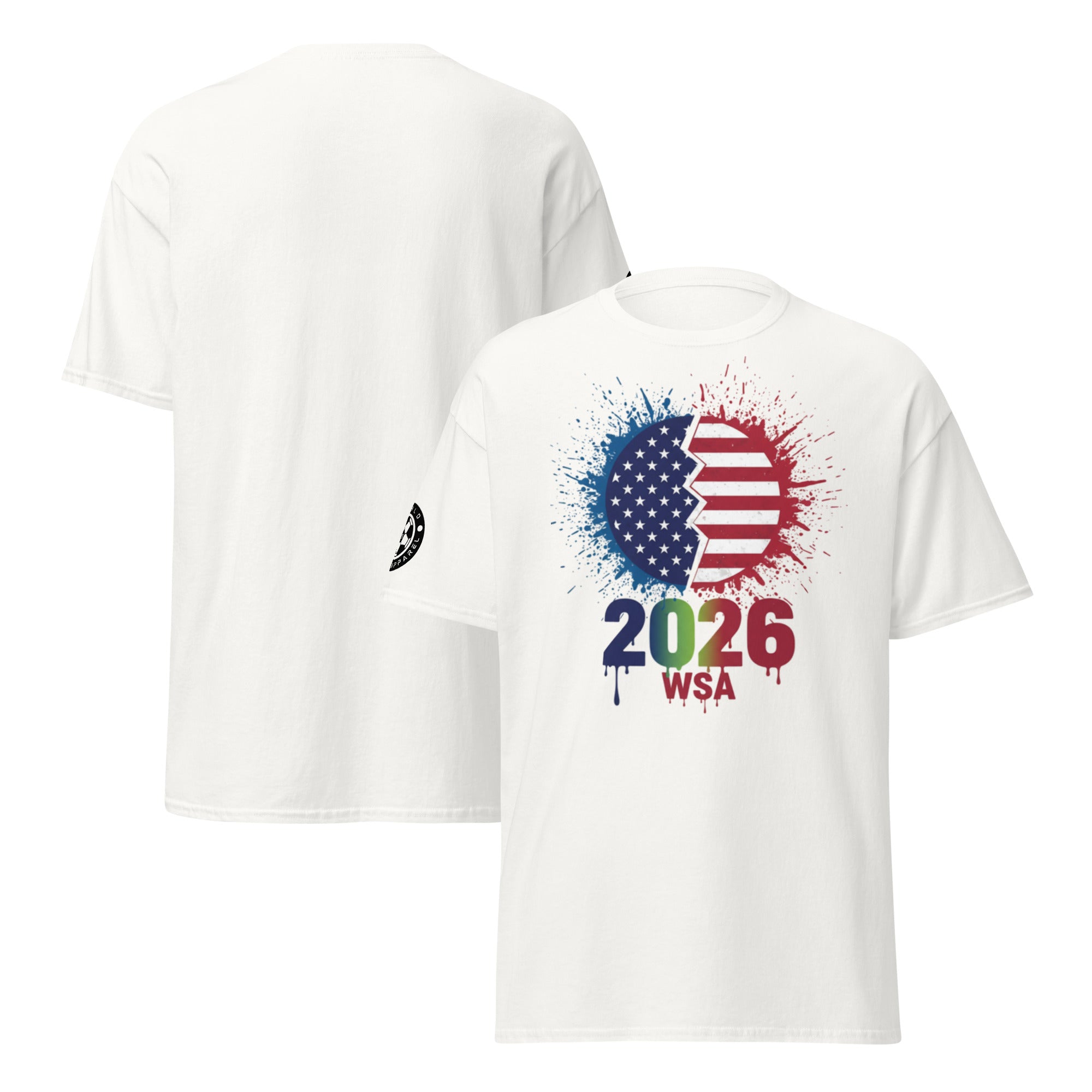 White t-shirt with colorful design featuring '2026 WSA' text and abstract shapes on a white background.