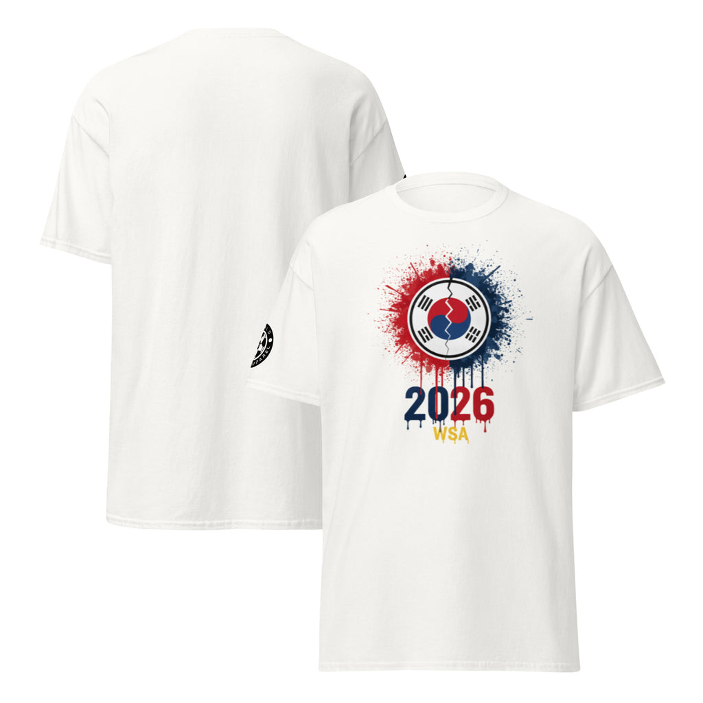 White t-shirt with a design featuring '2026 WSA' on a white background
