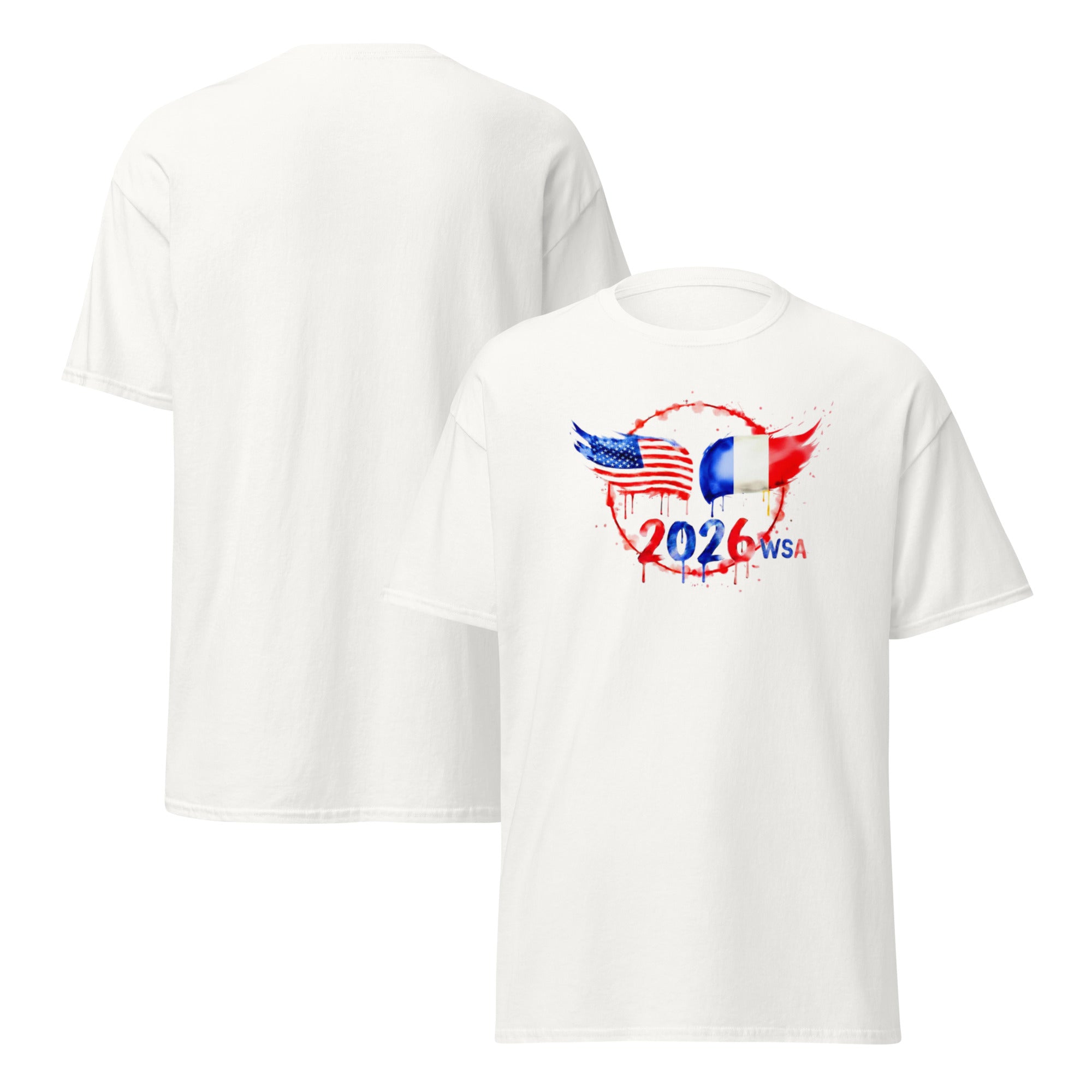 White t-shirt with 2026 WSA design featuring American and French flags on a white background