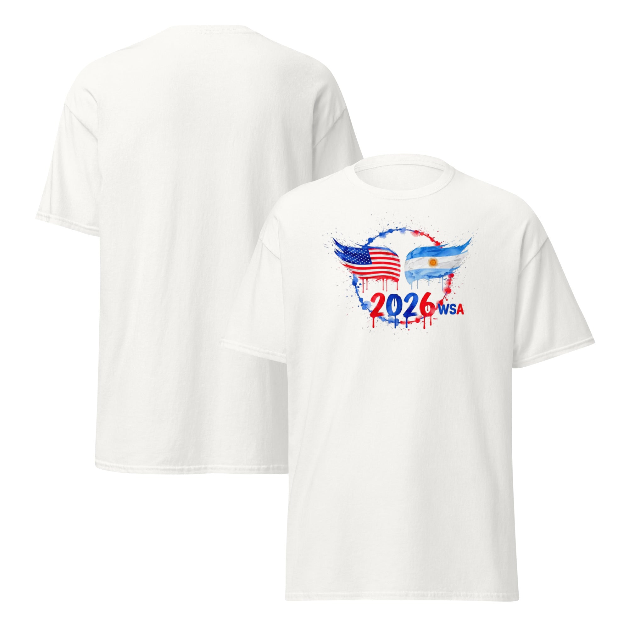 White t-shirt with 2026 WSA design featuring American and Argentinian flags on a white background
