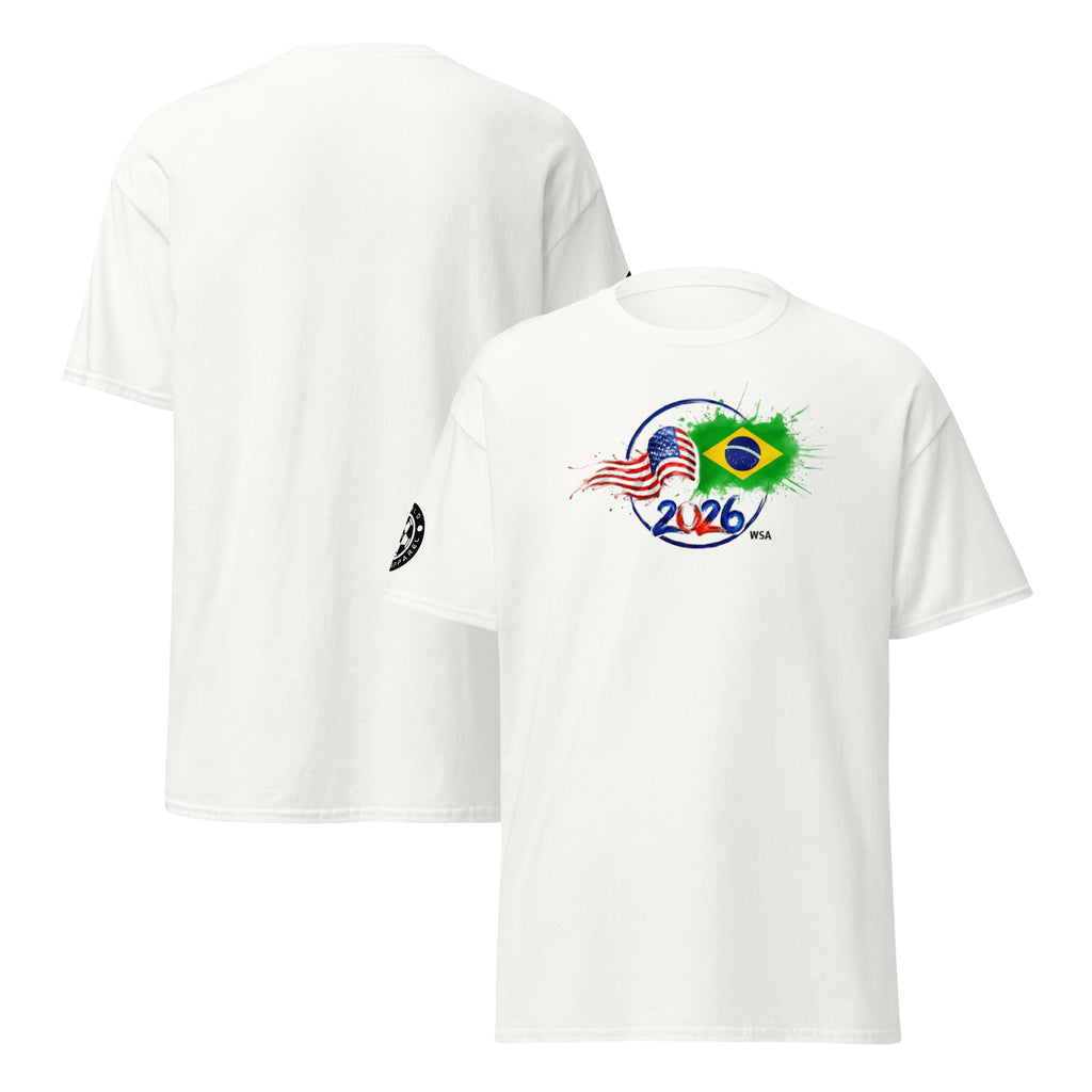 White t-shirt with a graphic design featuring the Brazilian flag and '2026' on a white background.