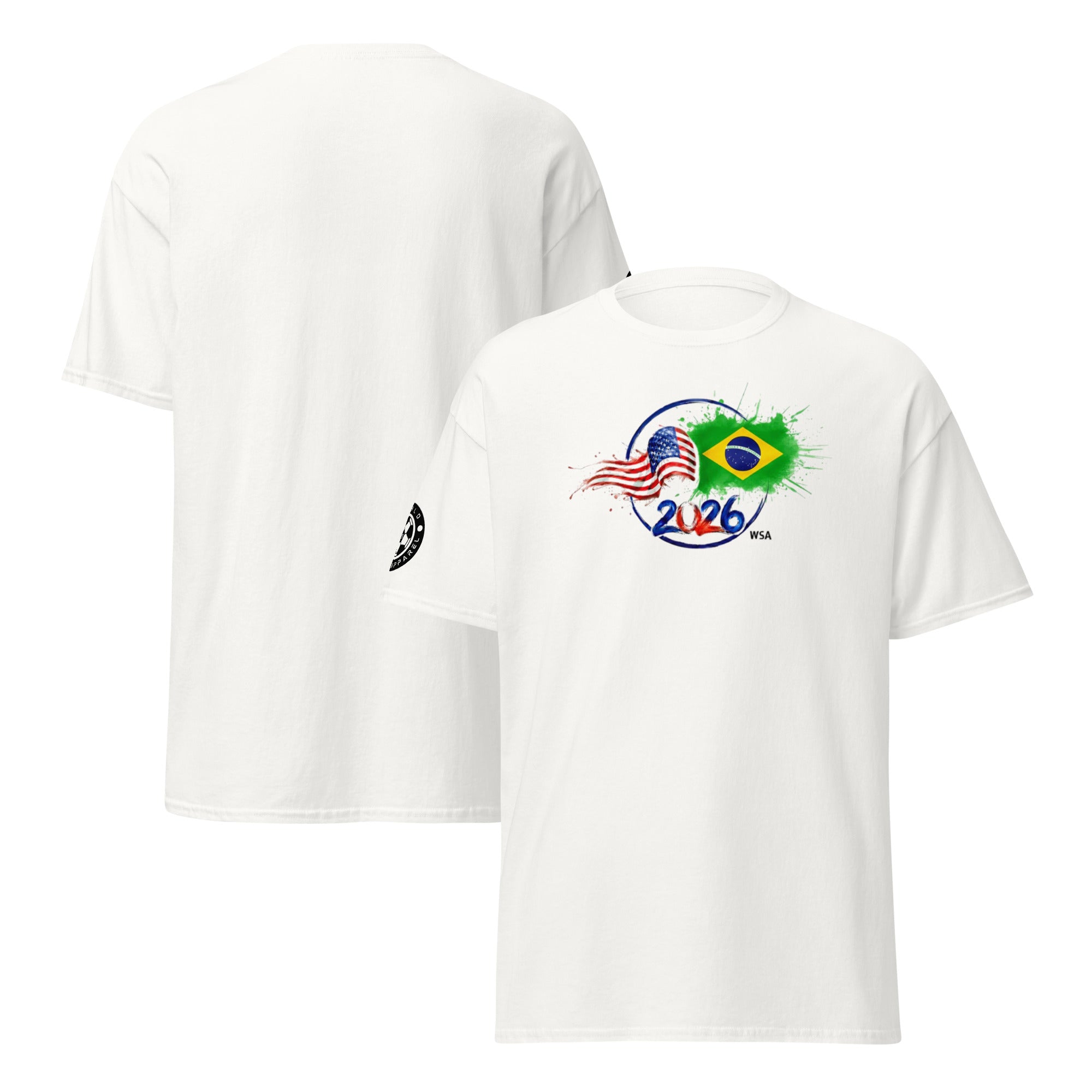White t-shirt with a graphic design featuring the Brazilian flag and '2026' on a white background.