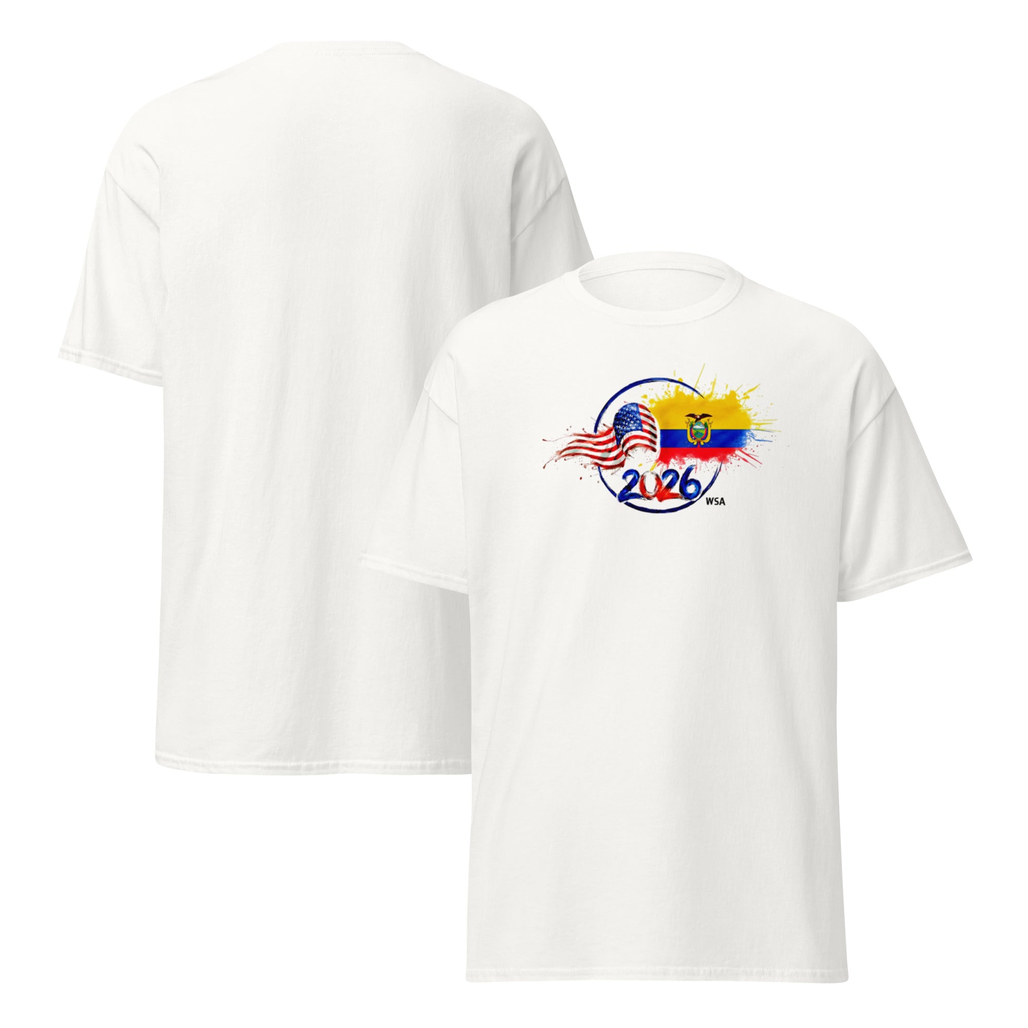 White t-shirt with a colorful graphic design on a white background