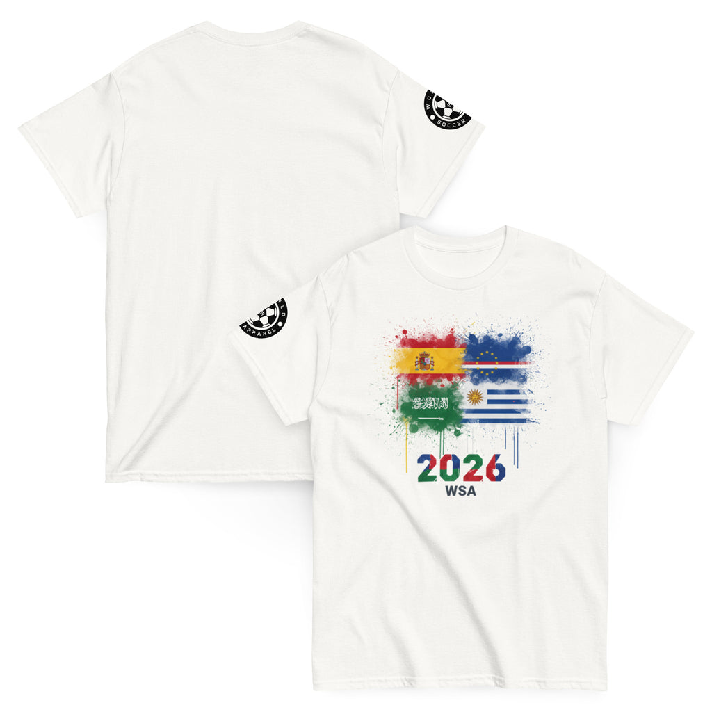 White t-shirt with colorful design and text on a white background