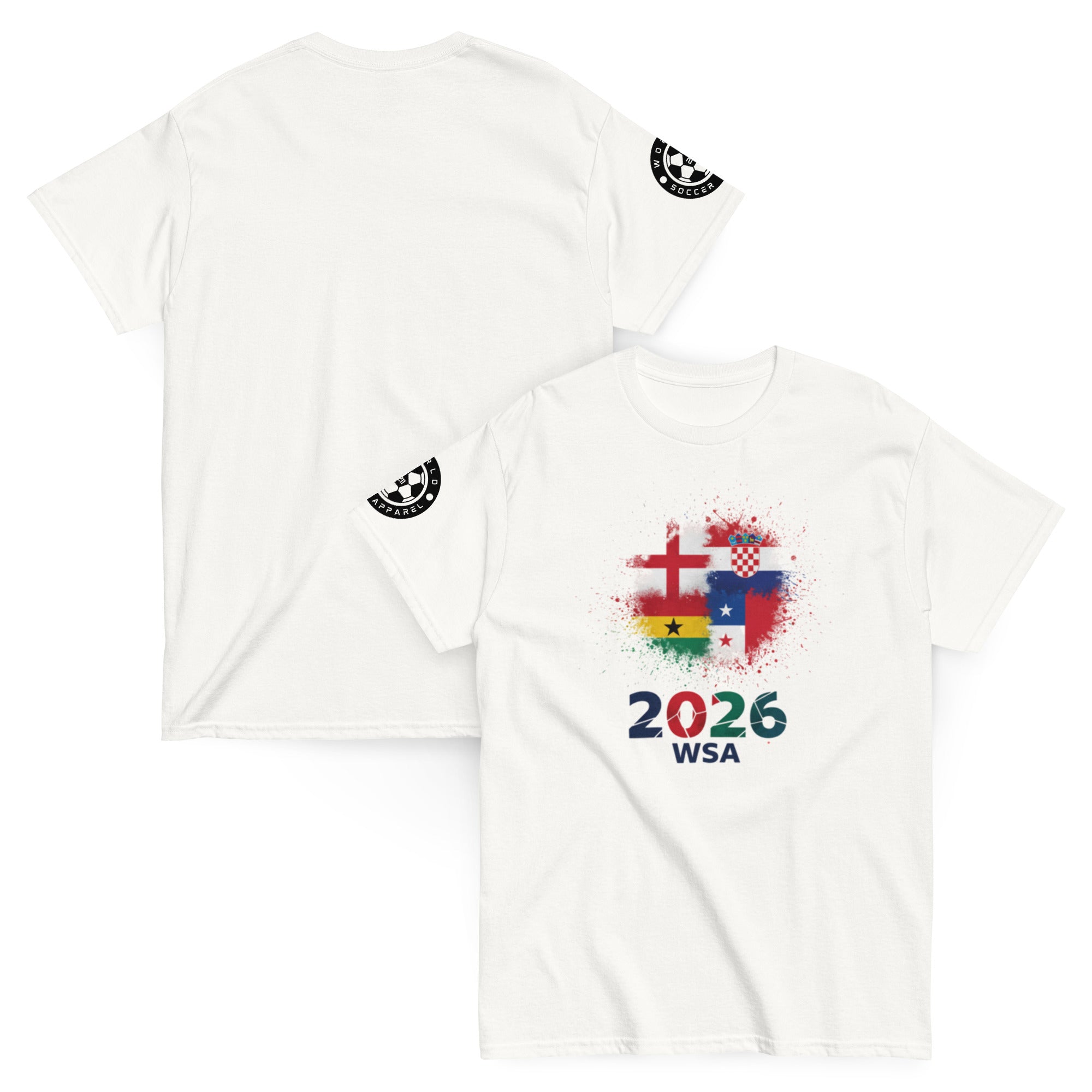 White t-shirt with colorful design and text on a white background