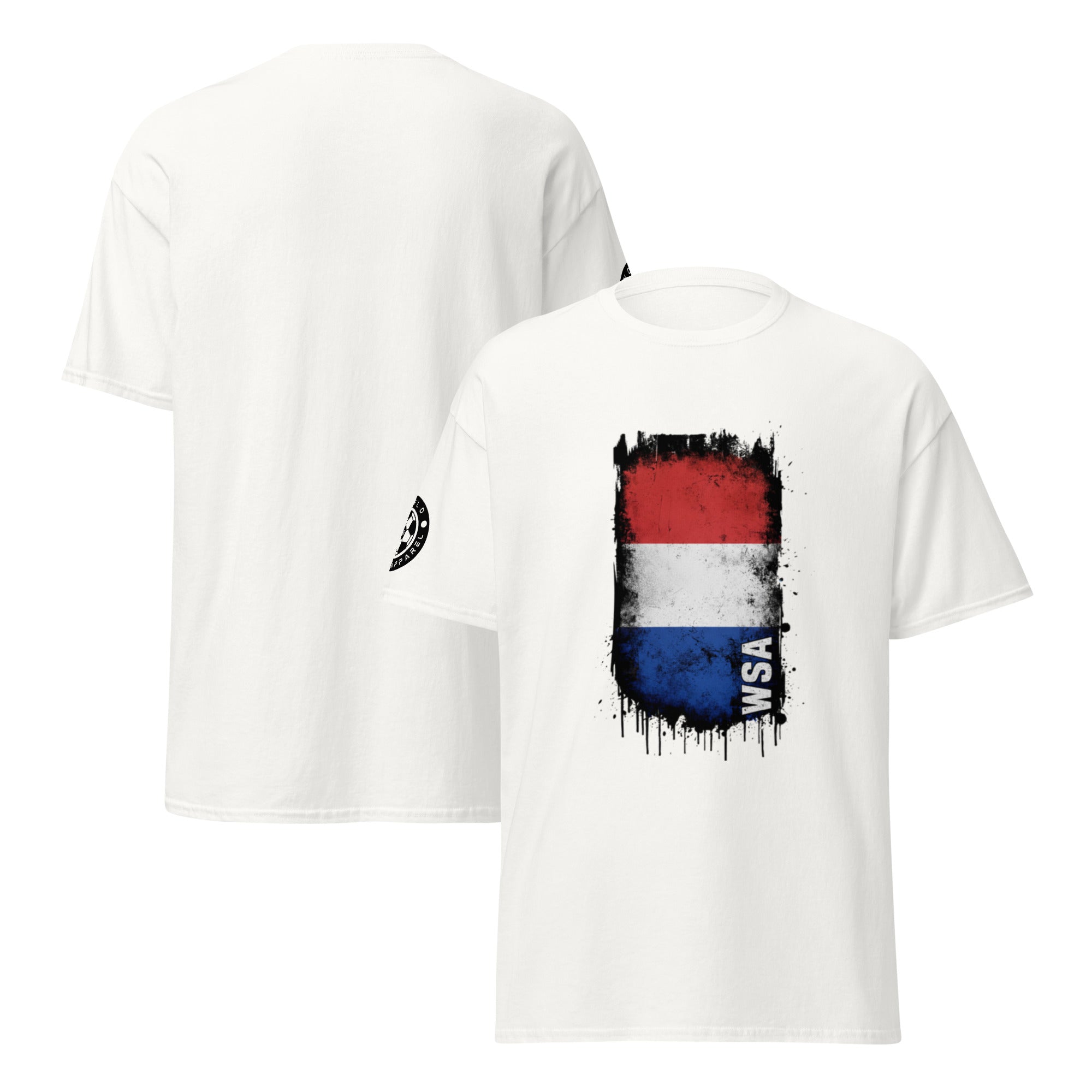 White t-shirt with a graphic design on the front and back