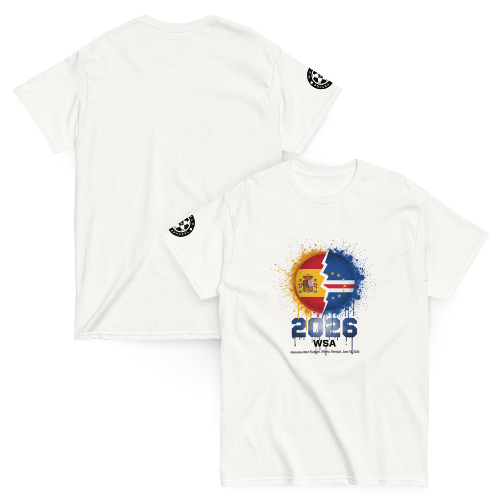 White t-shirt with a colorful design and text on a white background