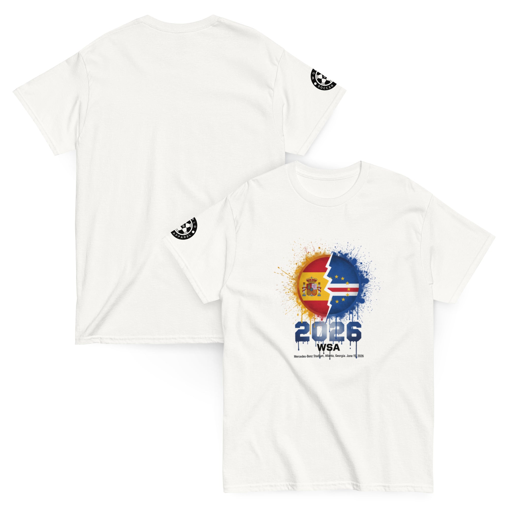 White t-shirt with a colorful design and text on a white background
