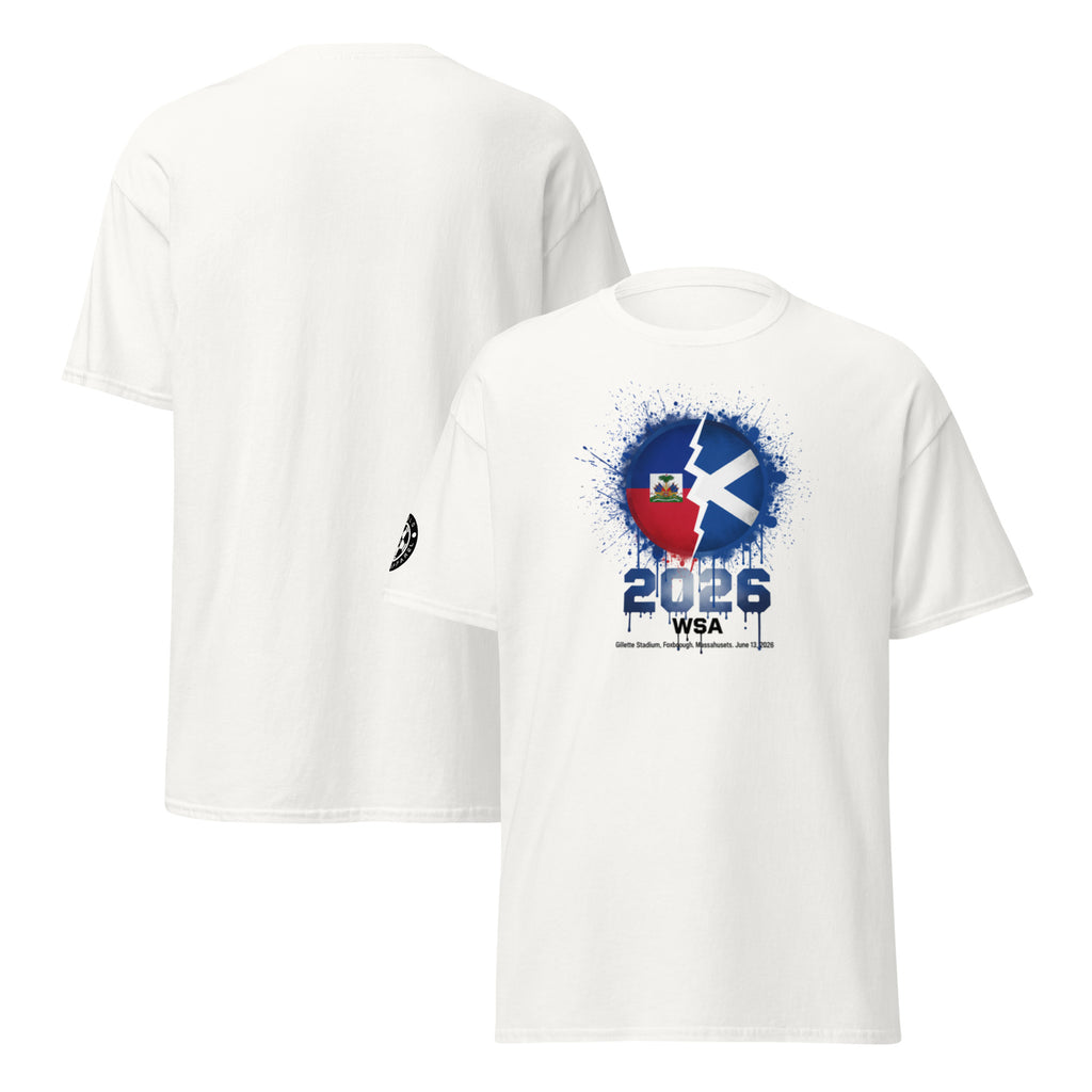 White t-shirt with a colorful graphic design and '2026 WSA' text on a white background