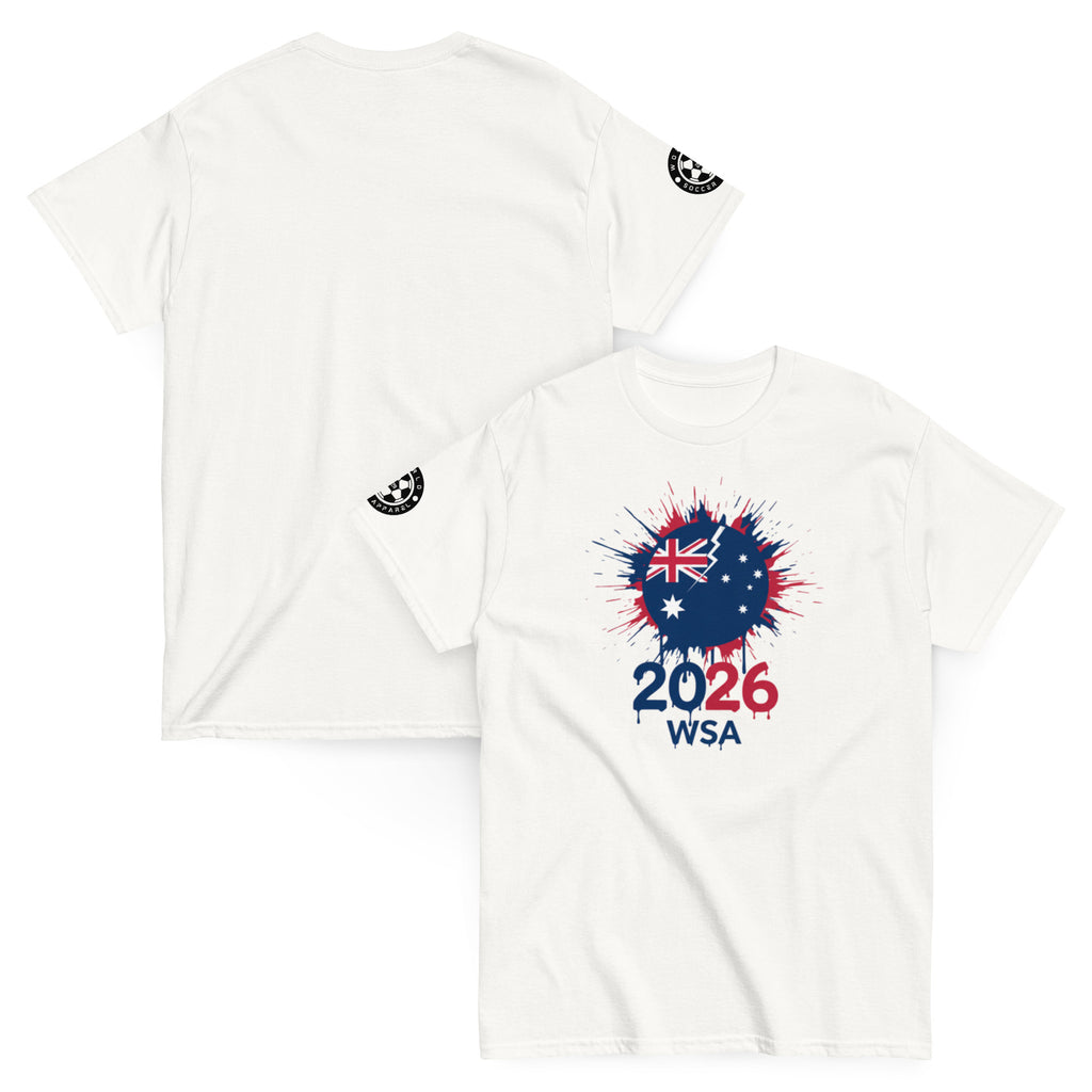 White t-shirt with a design featuring the Australian flag, number 2026, and letters WSA on a white background.