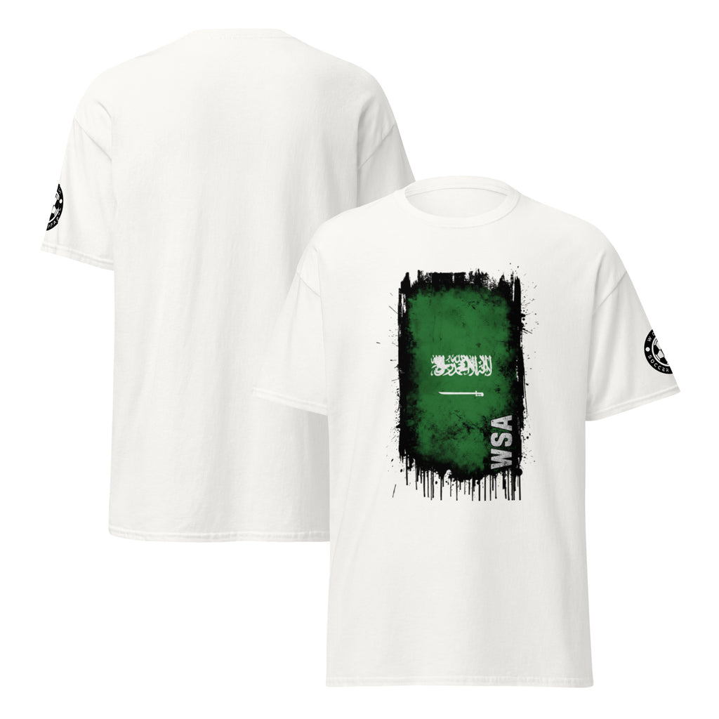 White t-shirt with green graphic and 'WSA' text on a white background