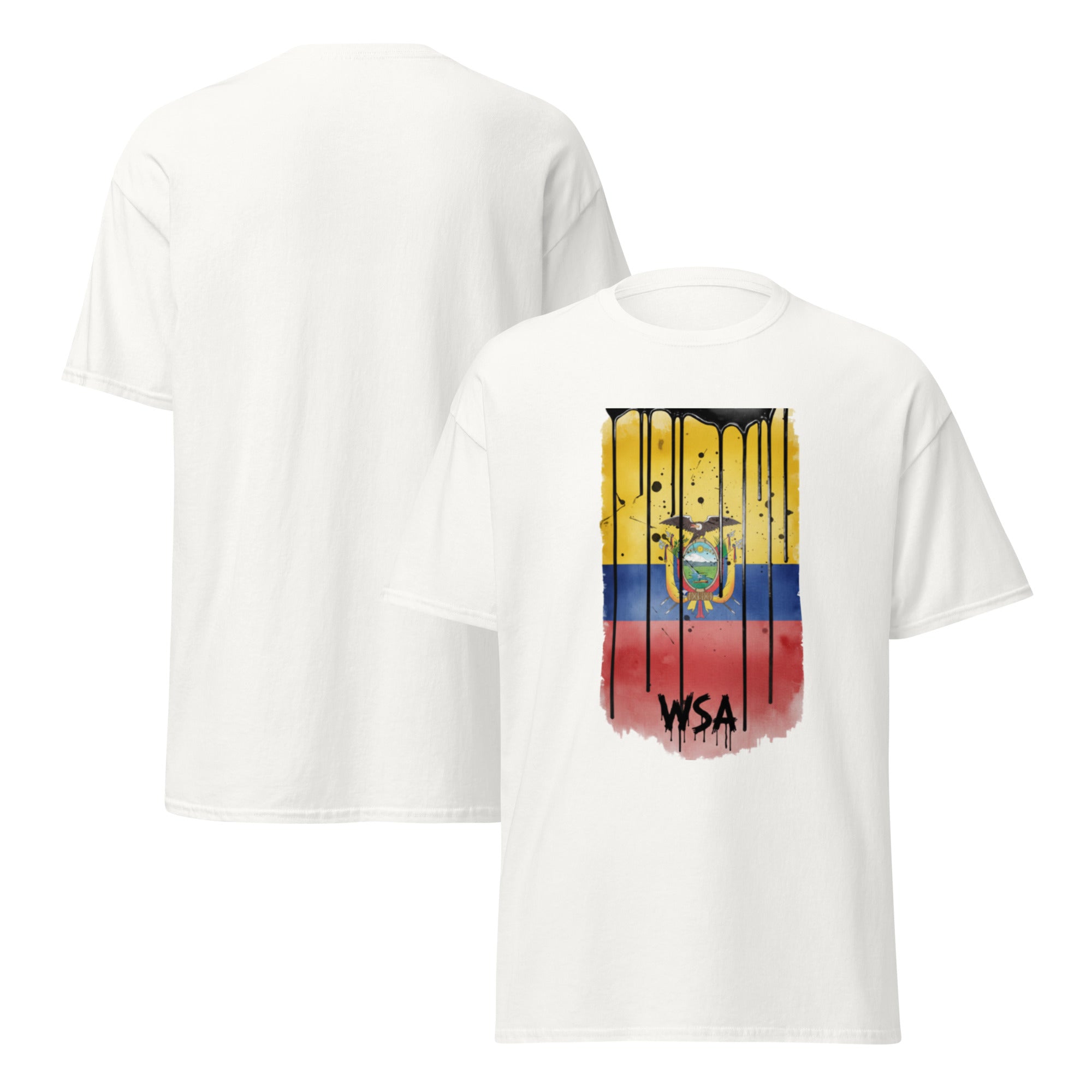 White t-shirt with a colorful graphic design on a white background