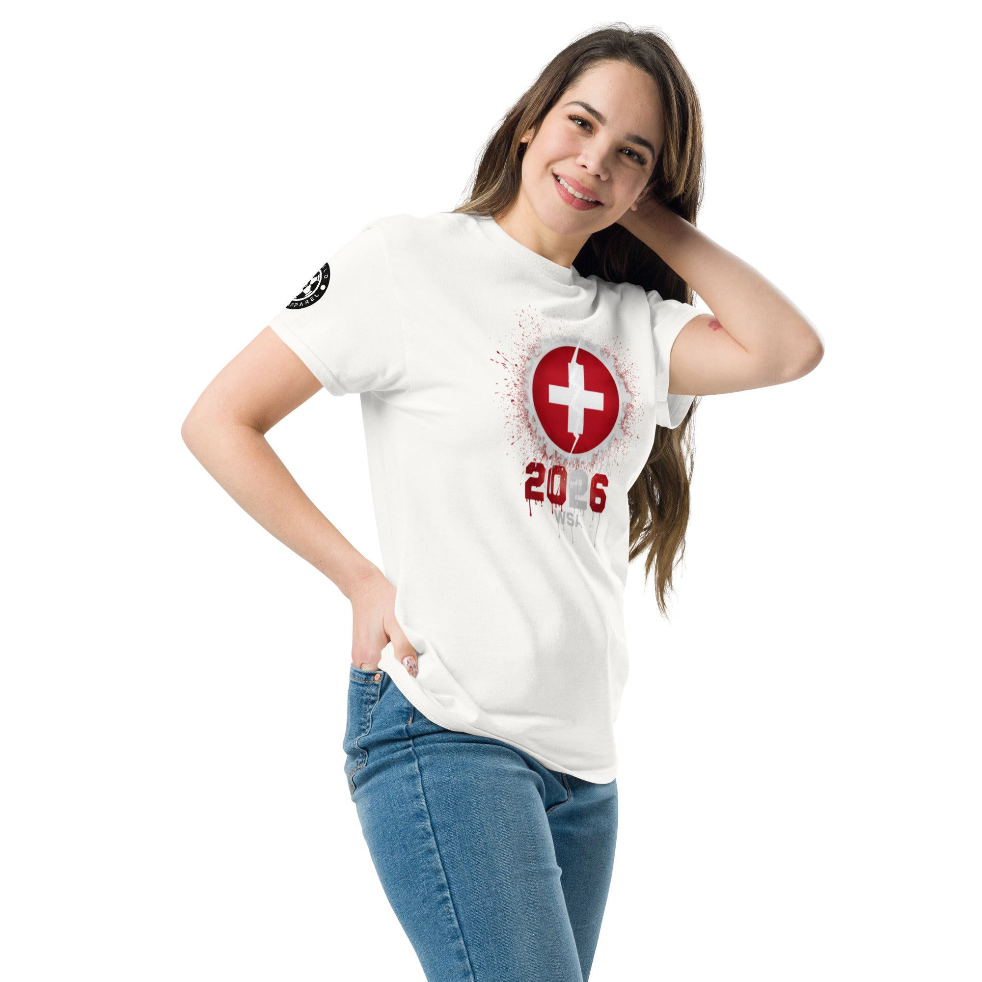 Woman wearing a white t-shirt with a red and black design on a white background