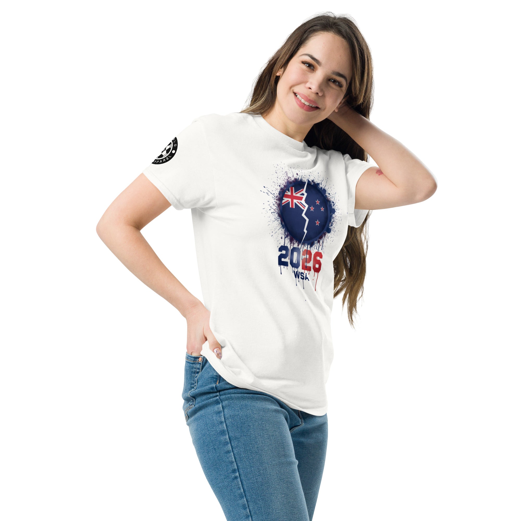 Woman wearing a white t-shirt with a design and text, standing against a white background