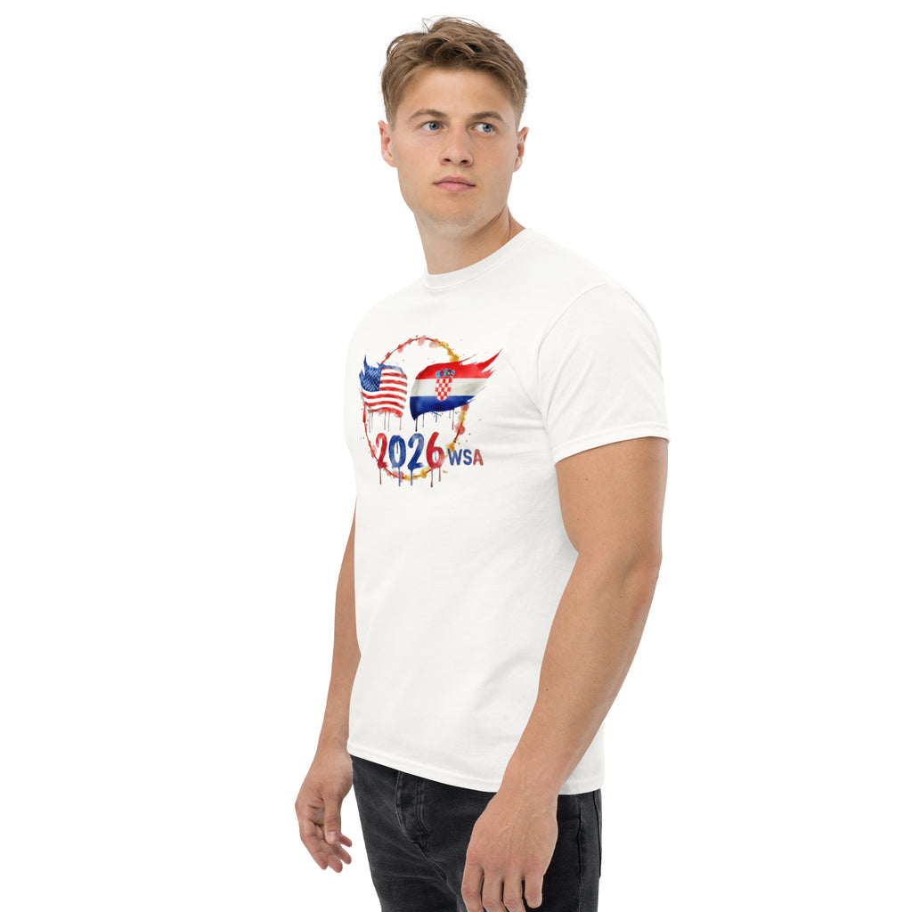 Man wearing a white t-shirt with a graphic design on a white background