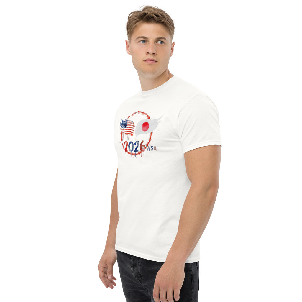 Man wearing a white t-shirt with a graphic design on a white background