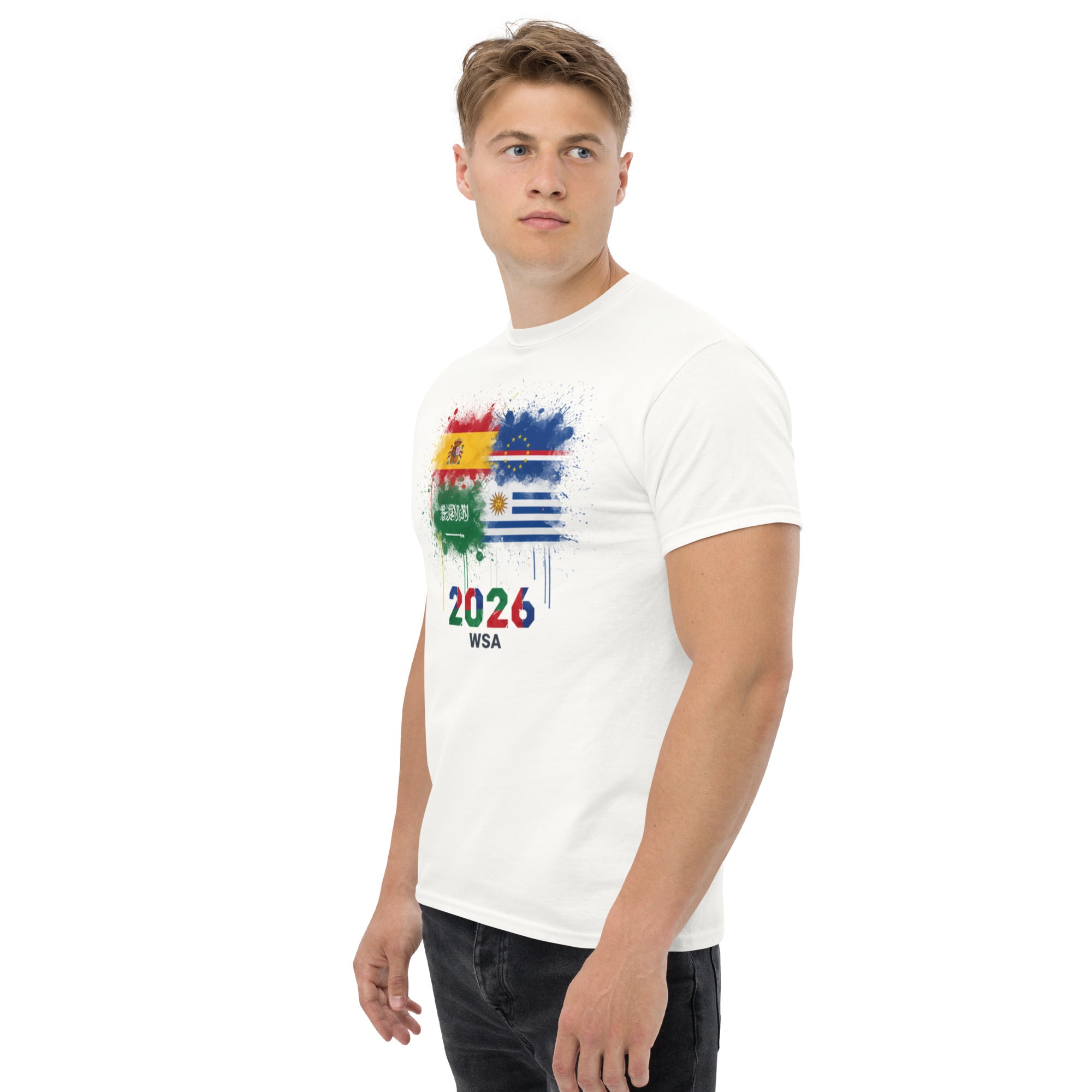 Person wearing a white t-shirt with a colorful design and text on a white background