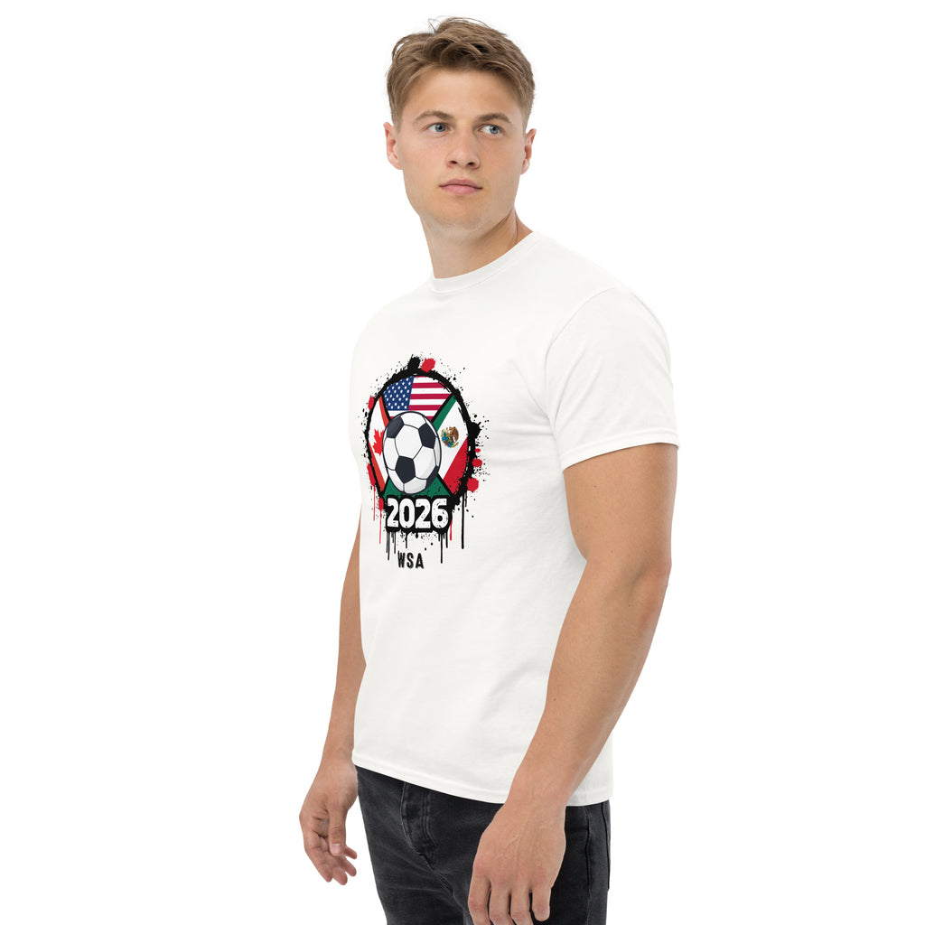 Man wearing a white t-shirt with a graphic design on a white background