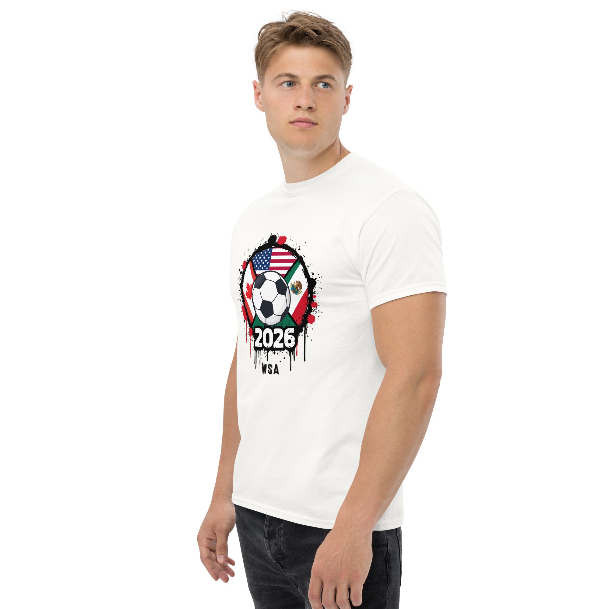 Man wearing a white t-shirt with a graphic design on a white background
